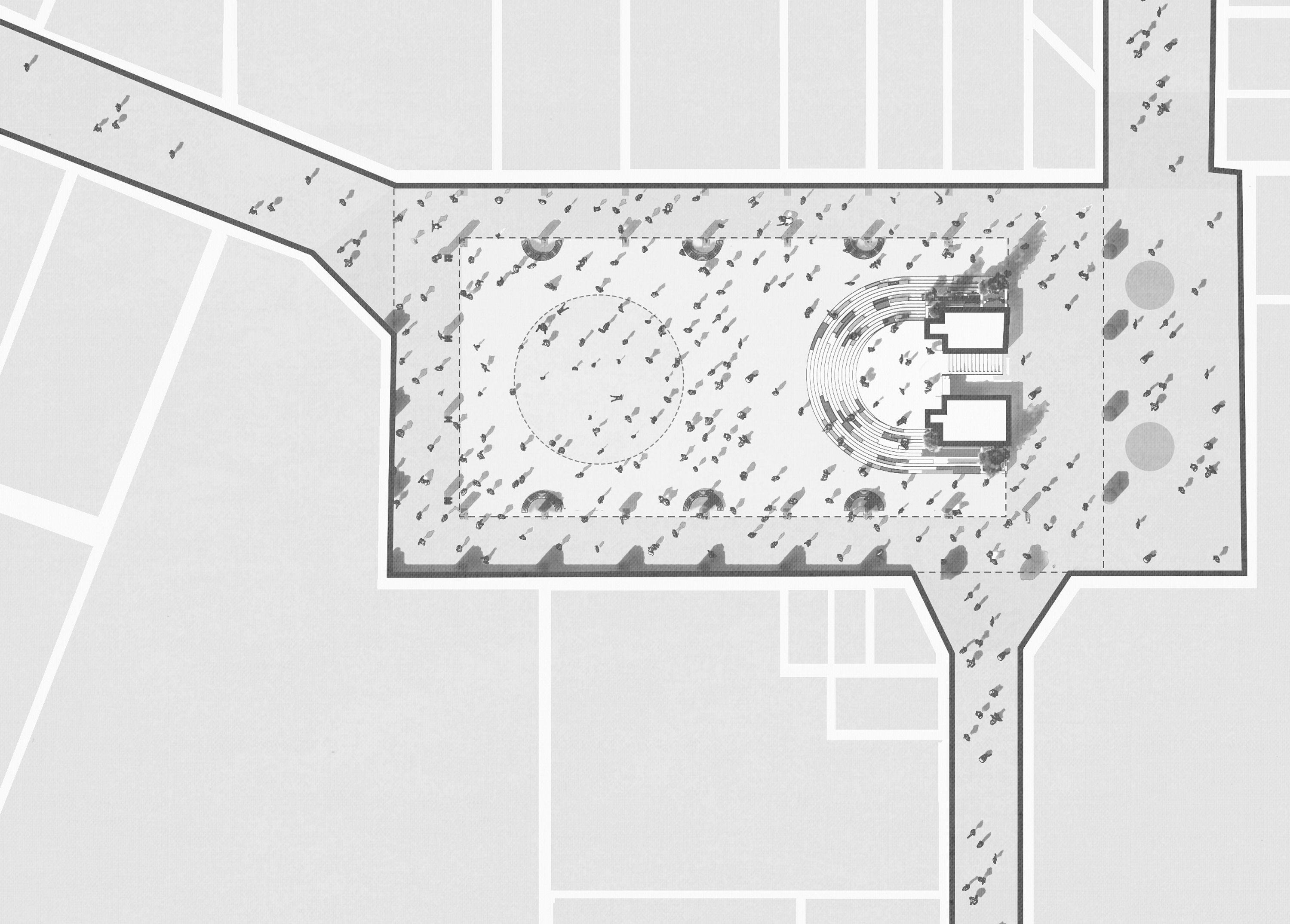Public realm plan of Ealing Broadway, figures populating the square with a circular fountain, curved stage seating and tree canopies distributed across the space.