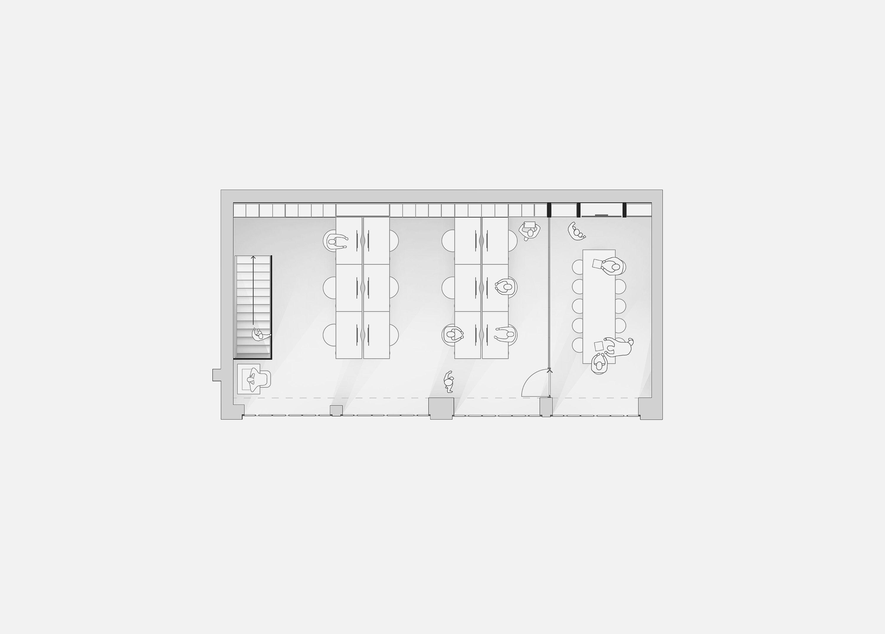 first floor plan showing work and meeting spaces of fluid workspace