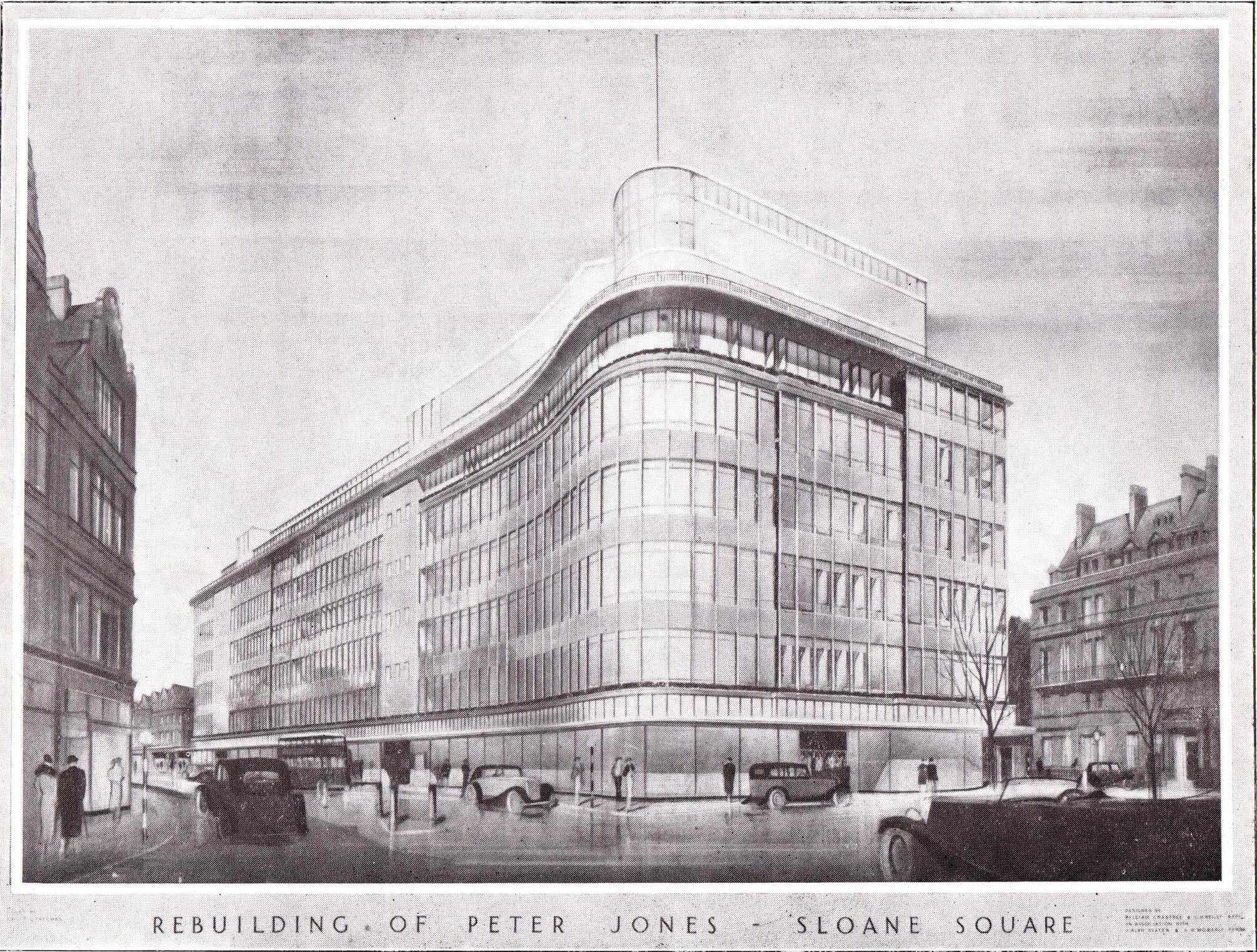 Black and white architectural perspective of the Peter Jones store at Sloane Square, London, the modernist curved facade that informed the curves of the Duke of York restaurant nearby