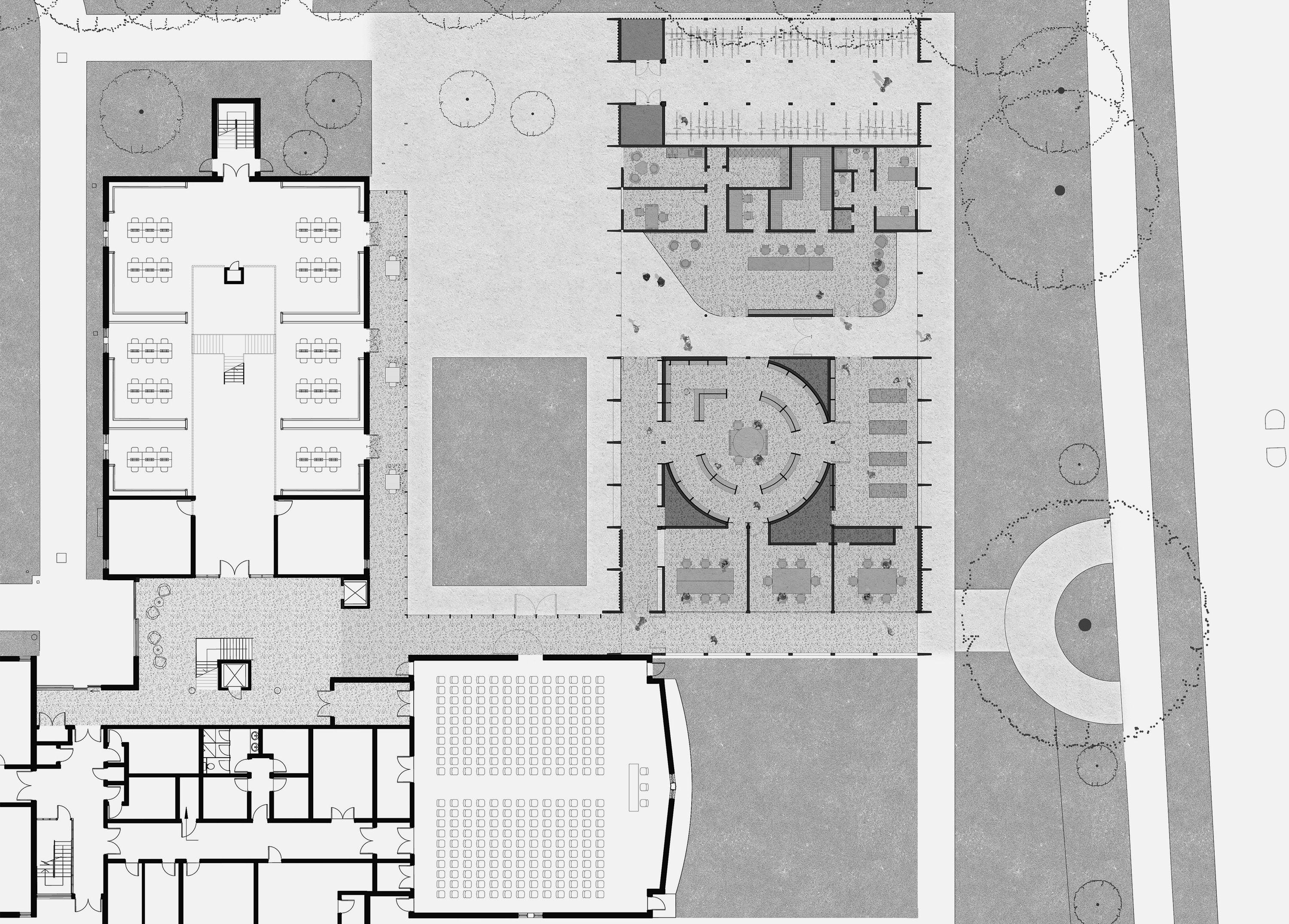 Ground floor plan of the entrance building at Homerton College, Cambridge, with the circular reading room at its centre