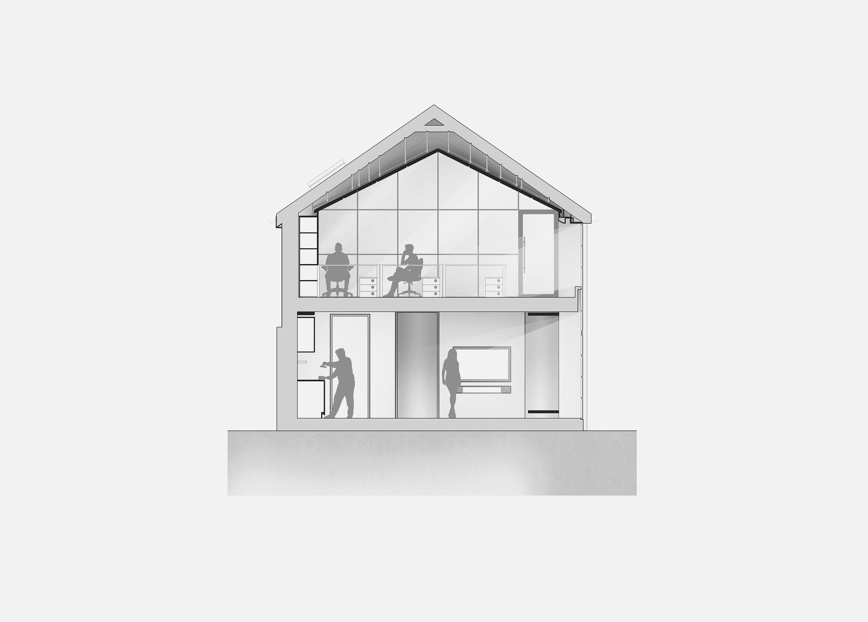 Section drawing of Fluid Workspace, cutting through the two-storey building with figures at desks under the ceiling and at ground level.