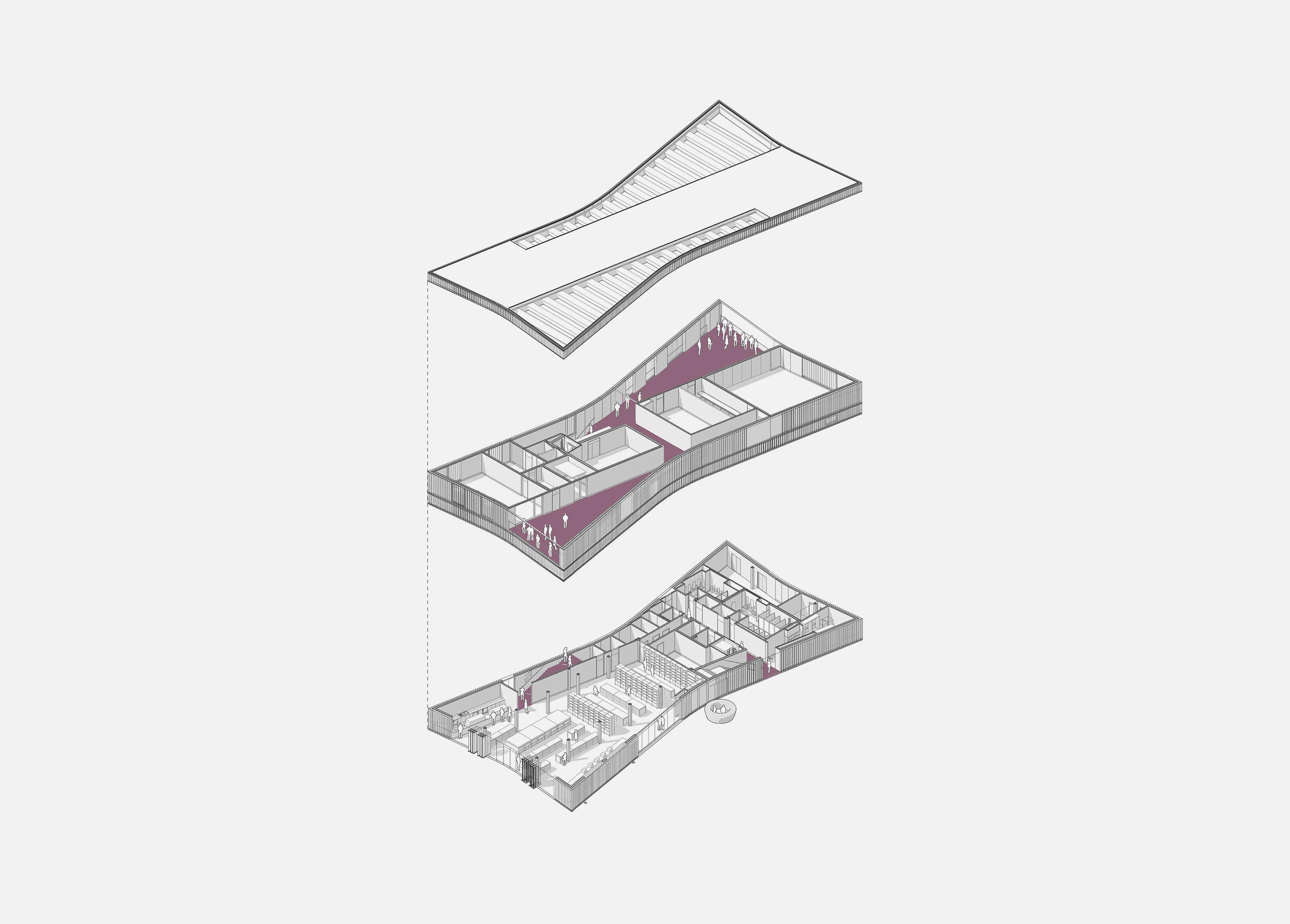 Exploded axonometric of the red pavilion at the RAF Museum, London, drawn as three separated layers