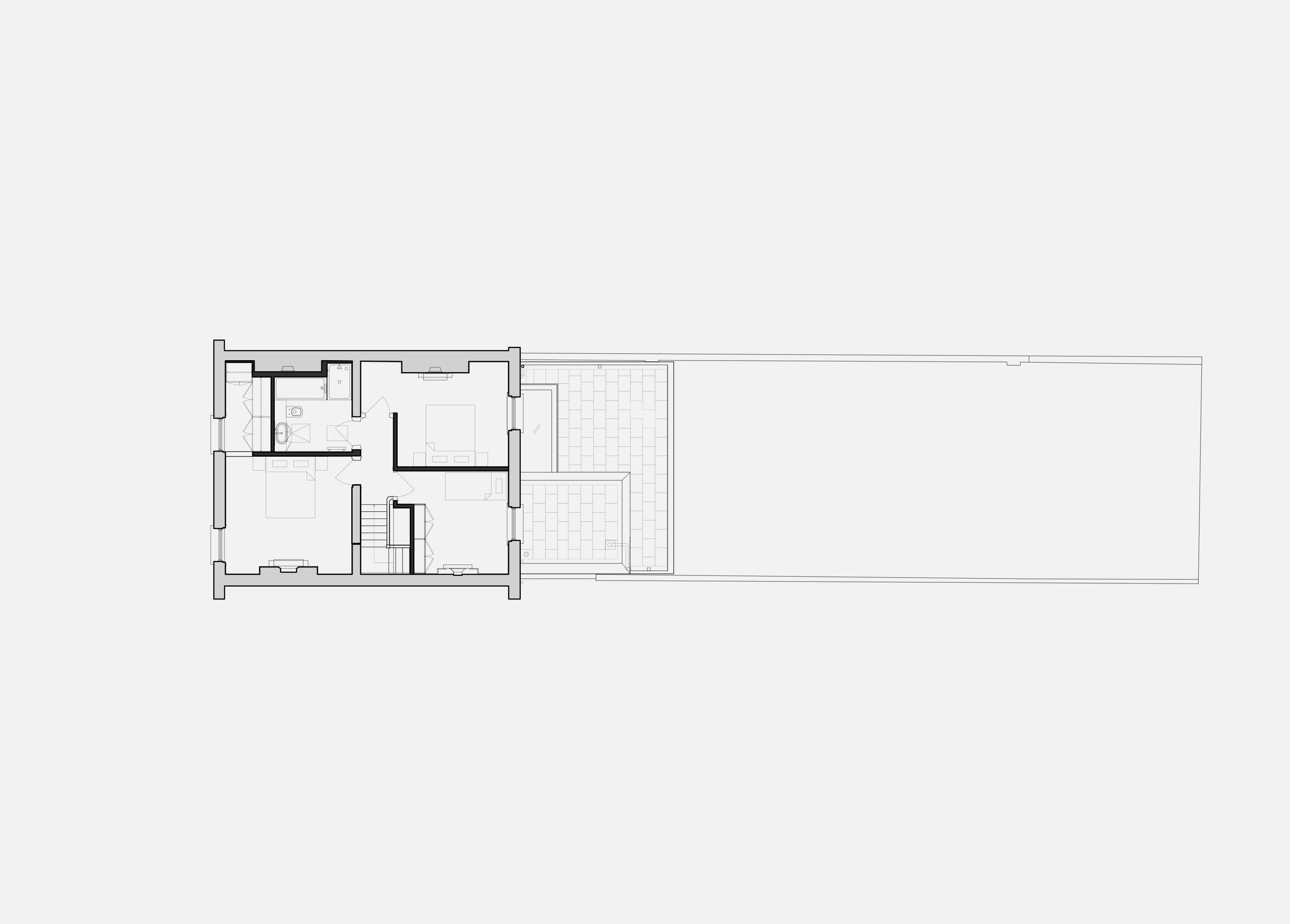 First floor plan of Half Landings House showing the reconfigured bedrooms, bathroom and stair core, with the extension roof and garden beyond
