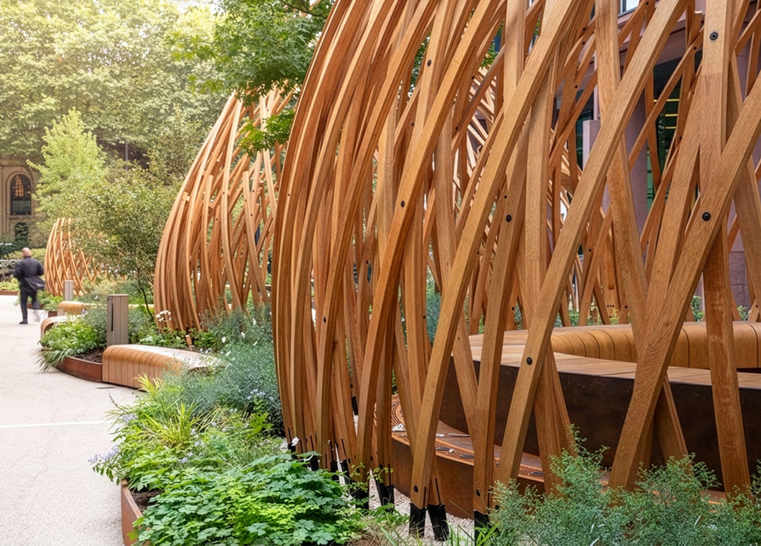 Side view of the timber lattice structure sweeping past greenery and integrated seating, a figure walking the path in the distance.