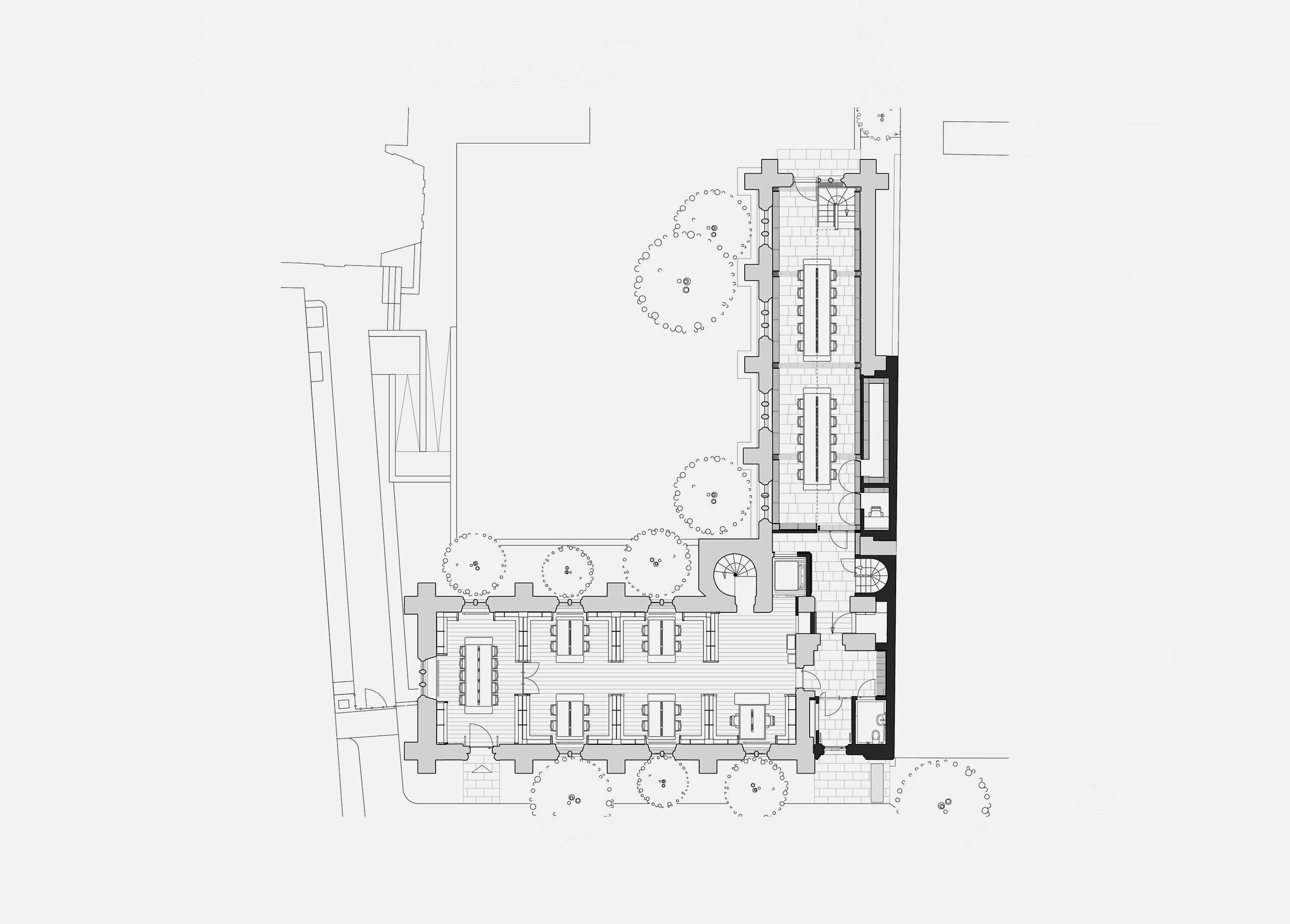 Ground floor plan of Exeter College Library, Oxford, showing the L-shaped arrangement of the main range and annex, with the new Link block and entrance set against the Convocation House wall.