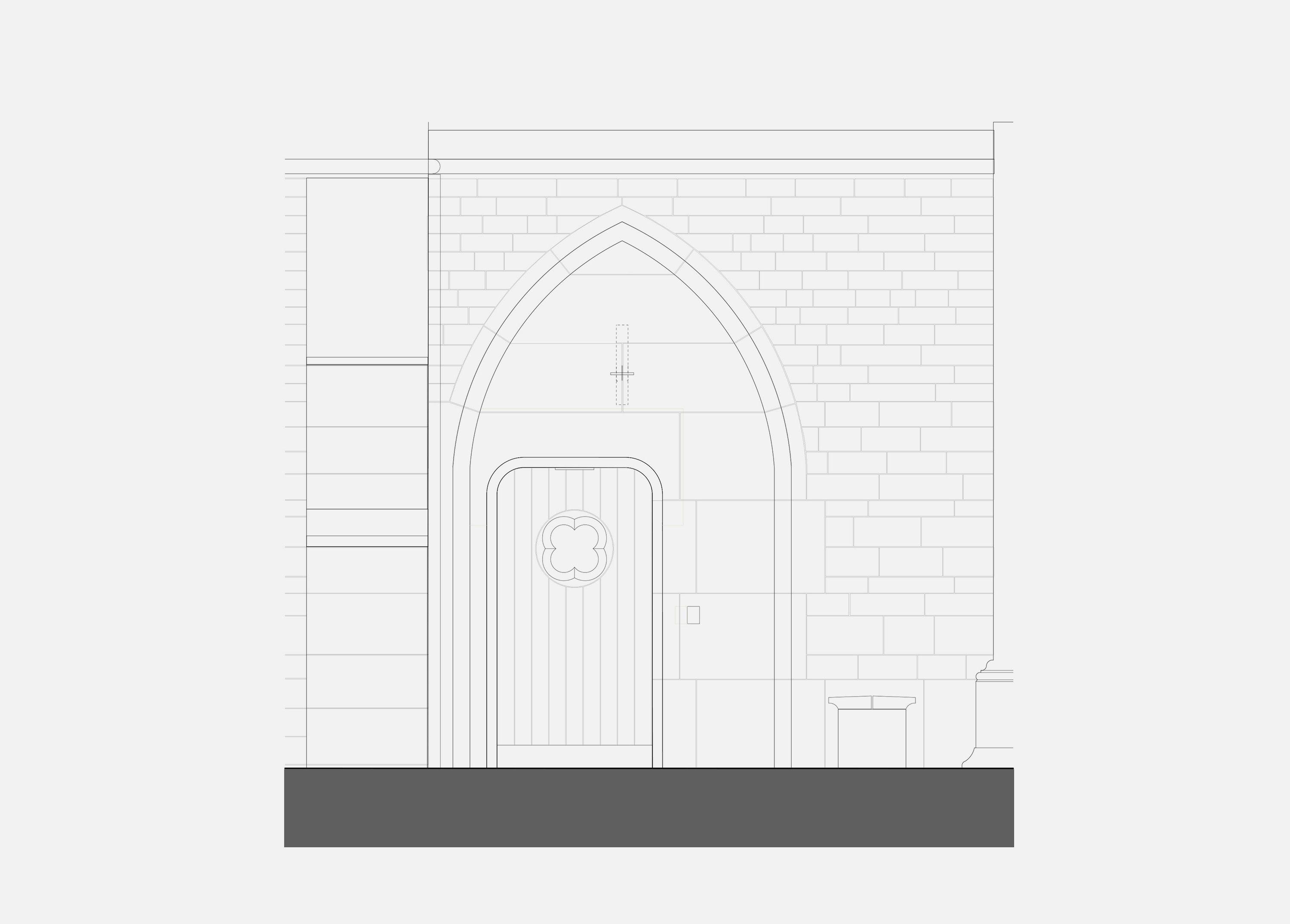 Elevation of the new library entrance at Exeter College, Oxford, its pointed Clipsham stone arch and quatrefoil-panelled oak door set into the ashlar wall