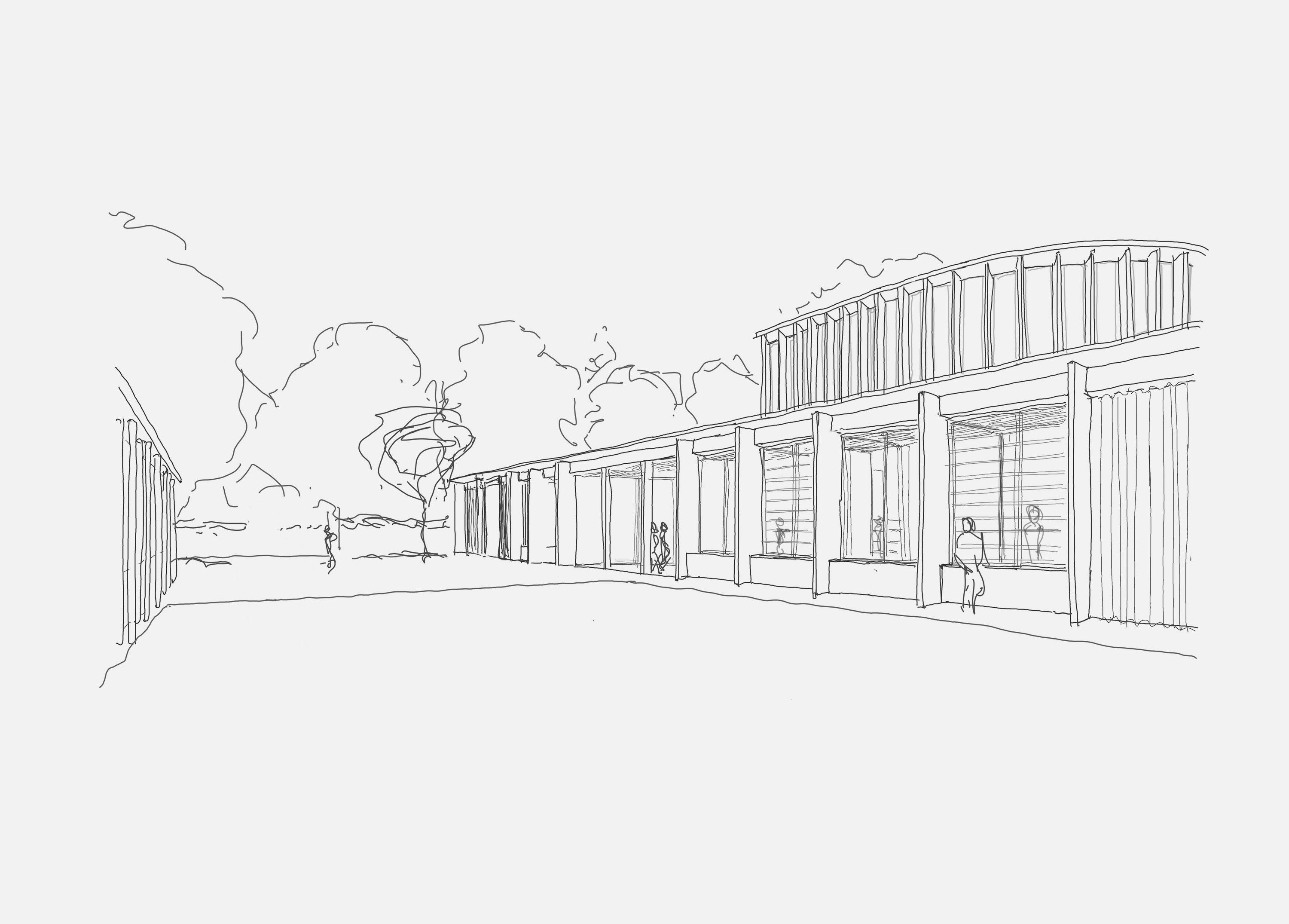 Concept sketch of the entrance building at Homerton College, Cambridge, the colonnade and rotunda drawn in outline