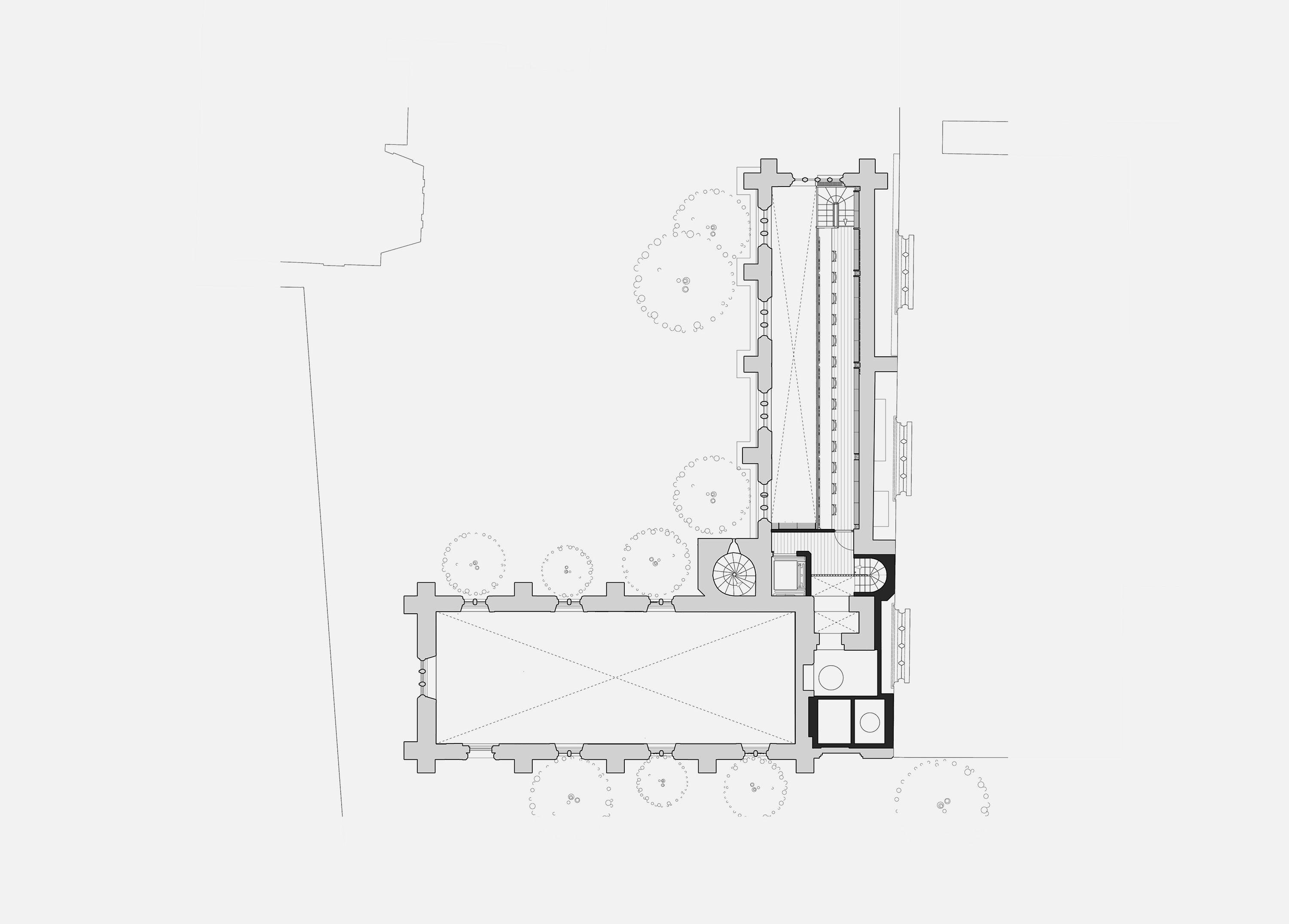 Annex floor plan of Exeter College Library, Oxford, showing the upper level of the annex balcony, with the new Link block stair and lift between them.