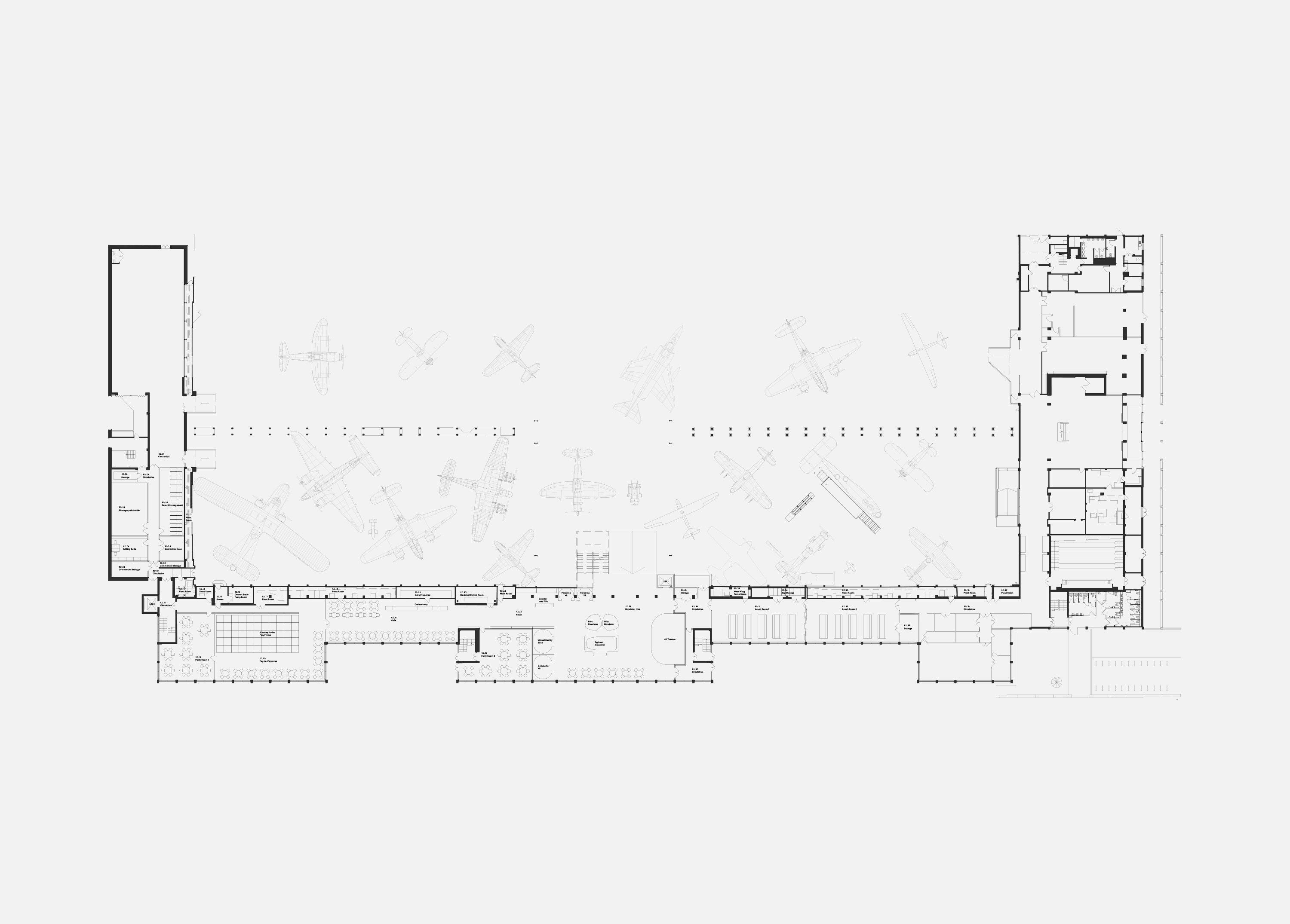 Ground floor plan of RAF Museum cafe, sim zone and schools spaces