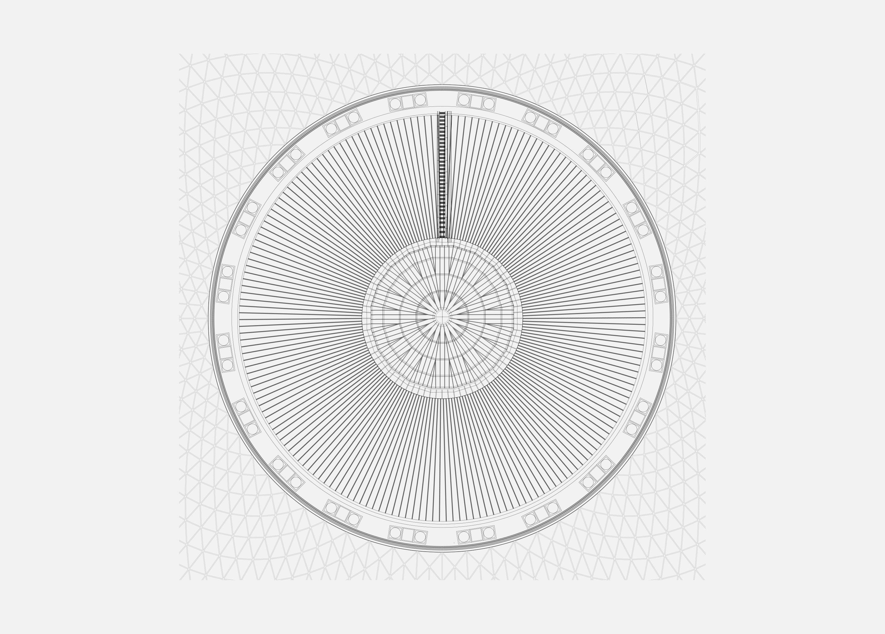 Roof plan of the Round Reading Room, the radiating structure of the copper dome drawn from the lantern at its centre out to the encircling lower roof, set within the glazed Great Court.