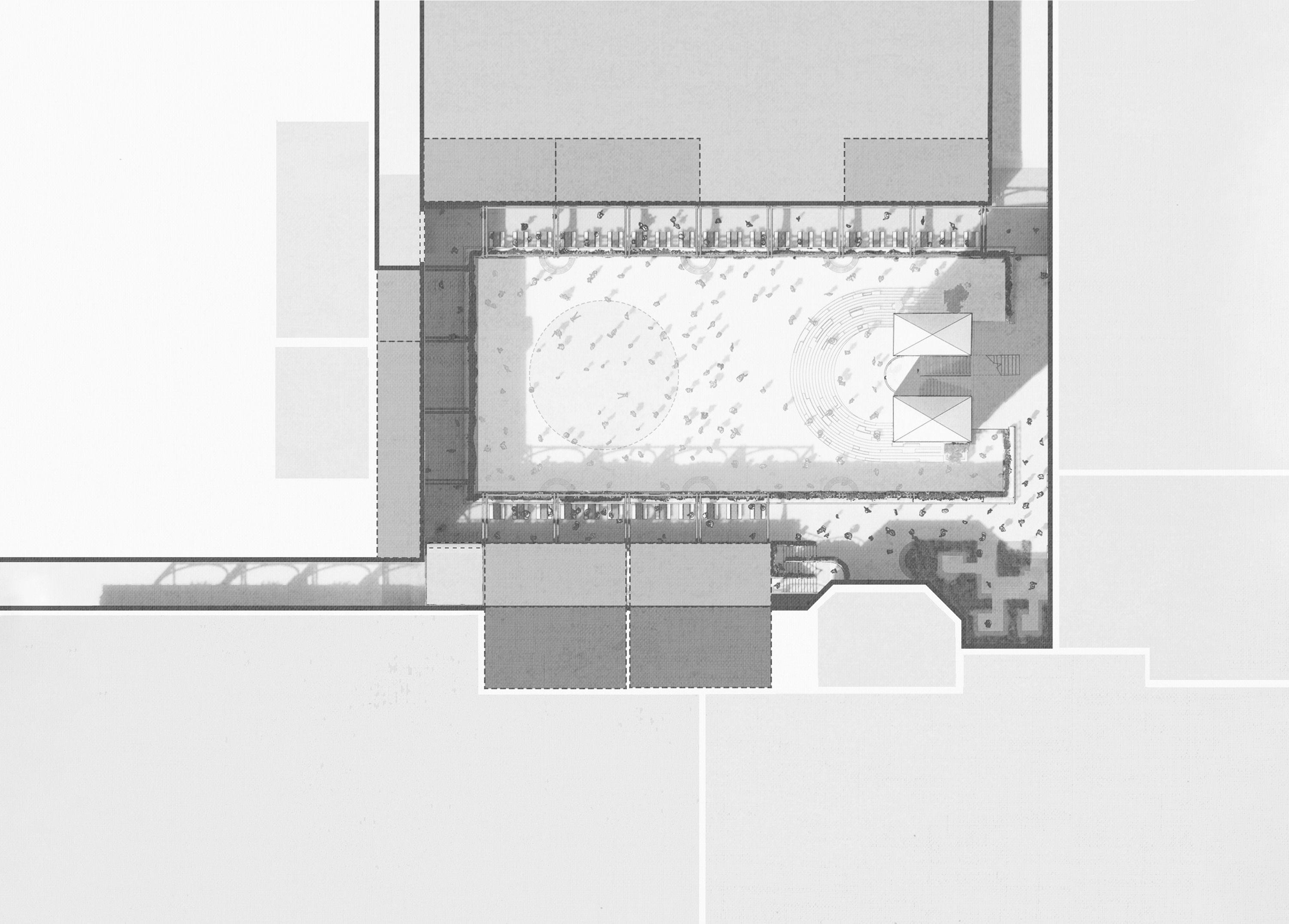 First floor plan of Ealing Broadway showing dining balconies wrapping the square, with the water-scape and stepped stage visible below.