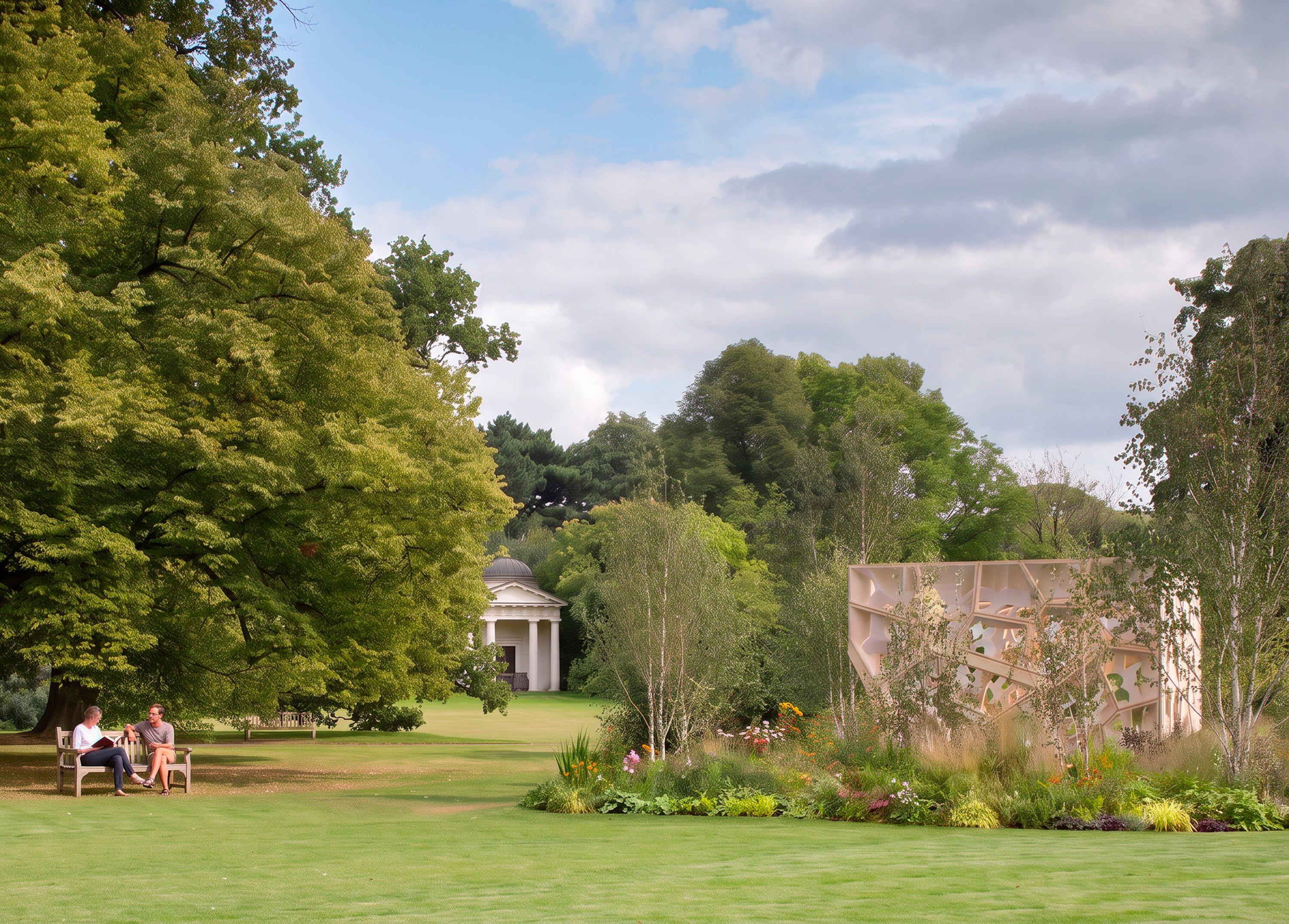 The Times and Kew pavilion in its garden setting at the Royal Botanic Gardens, Kew, its pale timber cellular walls seen across the lawn with mature trees and a classical temple beyond.