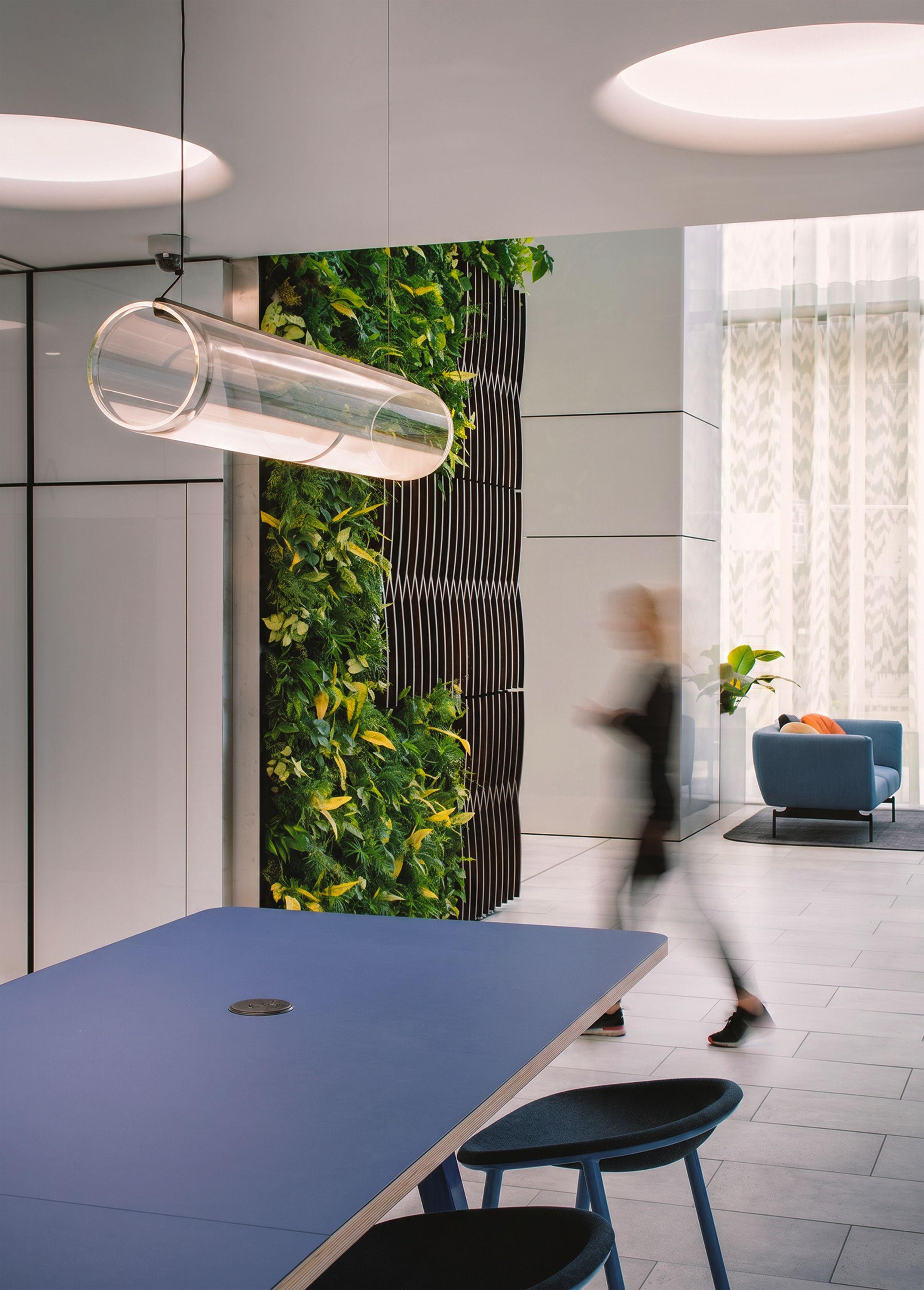 Interior view at Coppice Workplace showing a workspace opening onto a corridor, green wall and slatted timber screen on the far side.