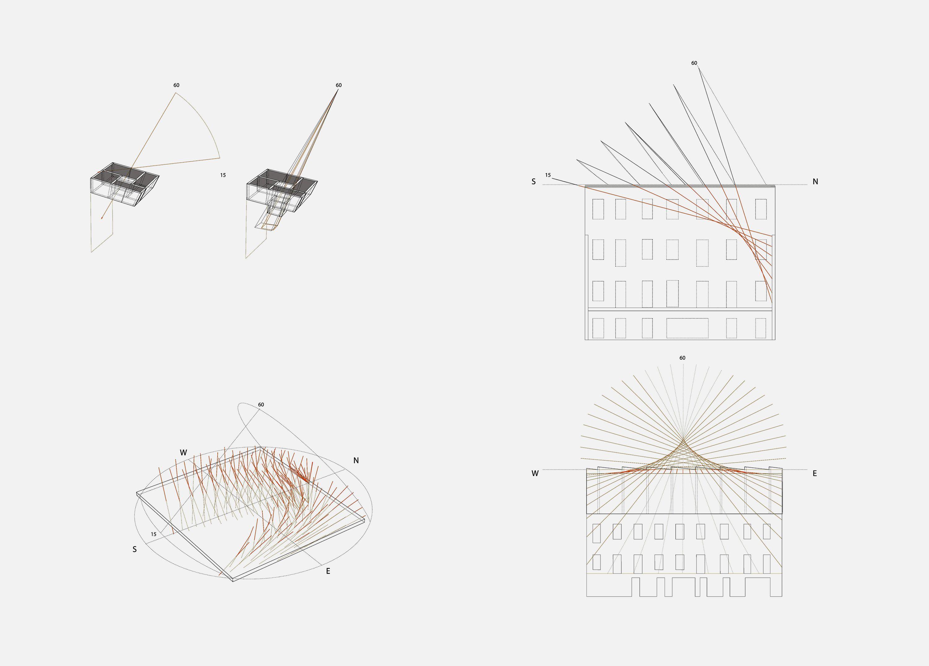 Solar gain studies for Powerscourt Townhouse, Dublin, tracing sun paths through the new courtyard roof