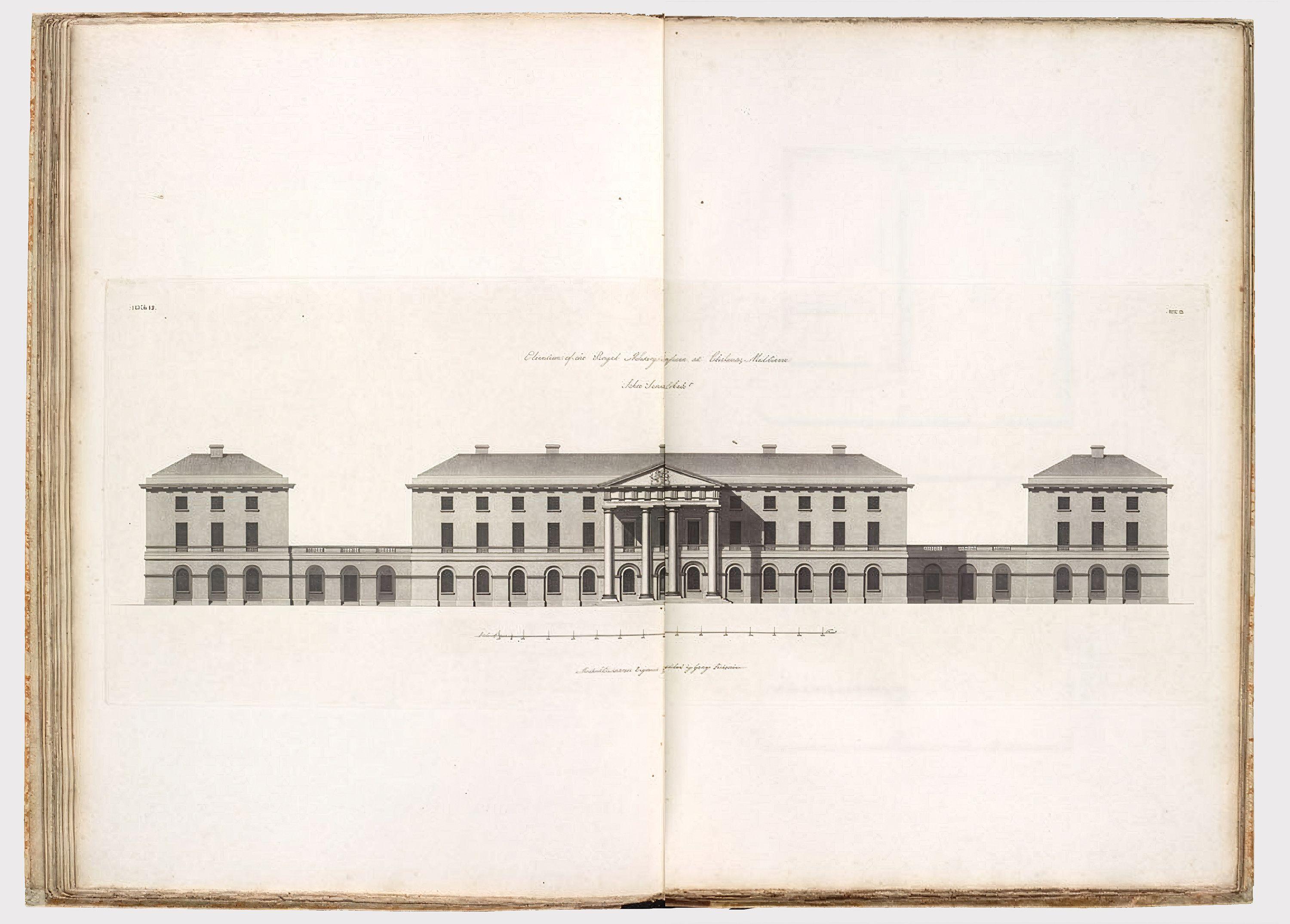 Engraved front elevation of the Royal Military Asylum at Chelsea by John Sanders, 1804, showing the symmetrical brick range with central pedimented portico, reproduced from a bound volume.
