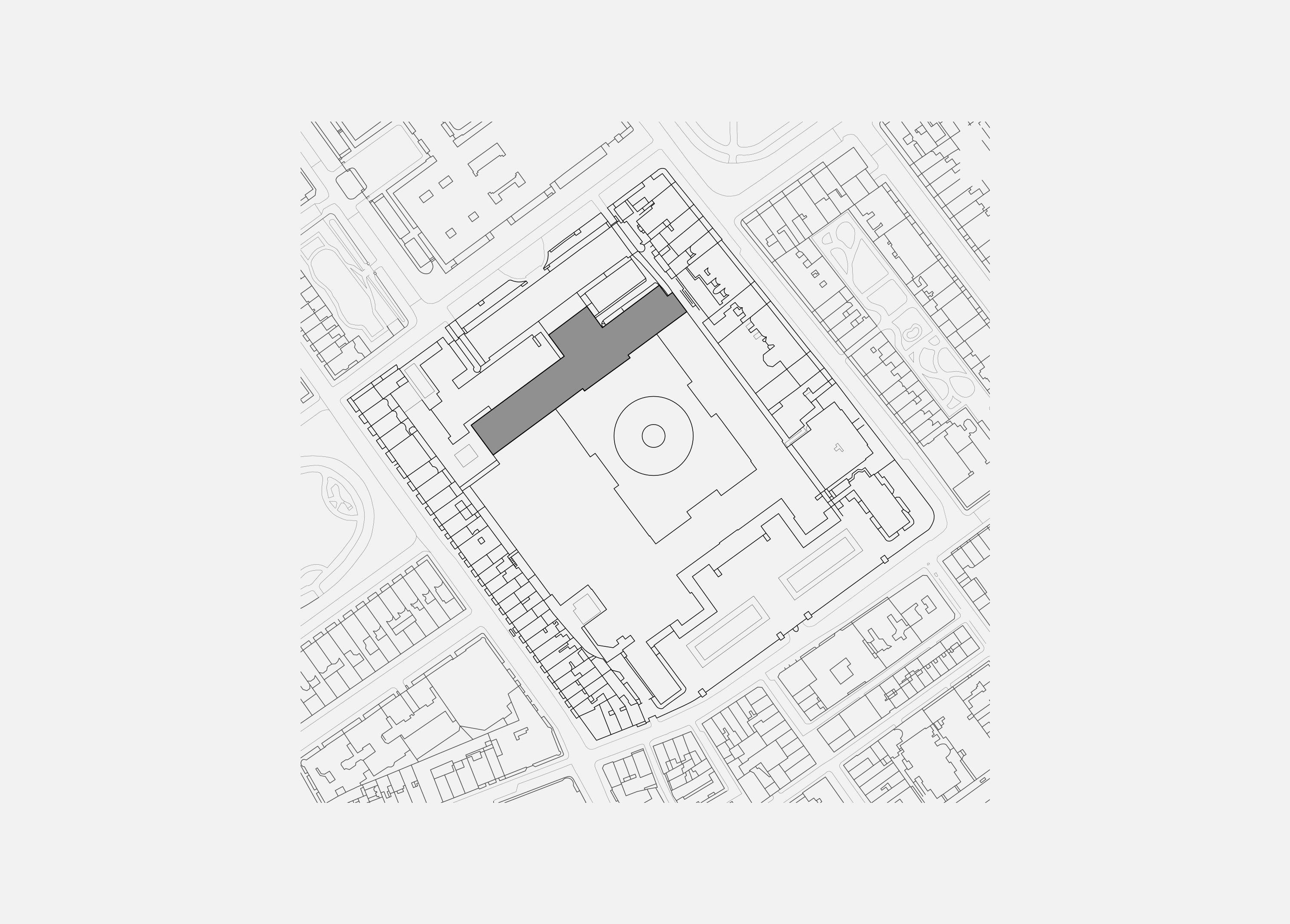 Site plan of the British Museum with the North Wing galleries picked out in grey, the Round Reading Room visible at the centre of the plan.