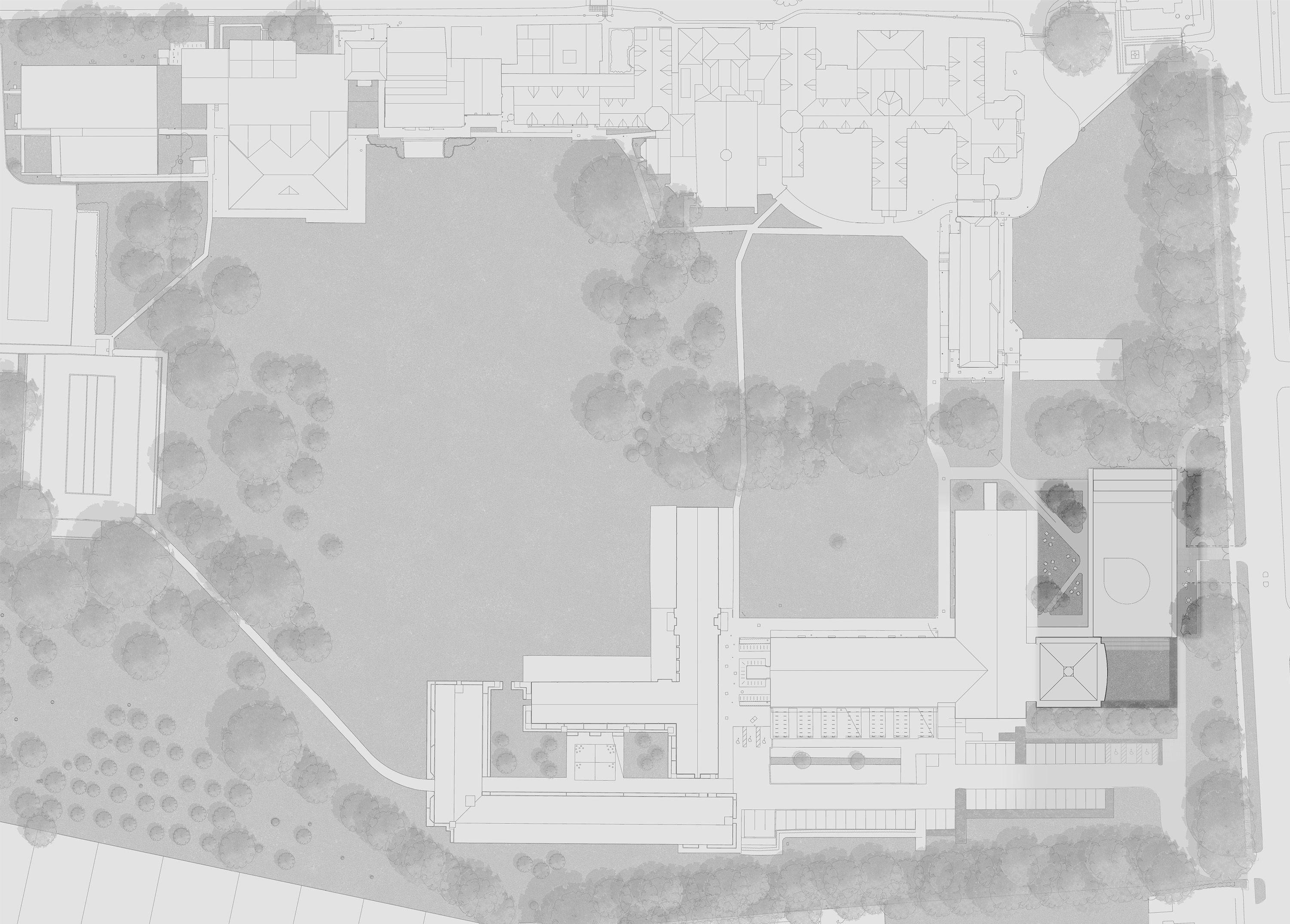 Site plan of Homerton College, Cambridge, showing the new entrance building on Hills Road and the two new quadrangles it creates within the college grounds