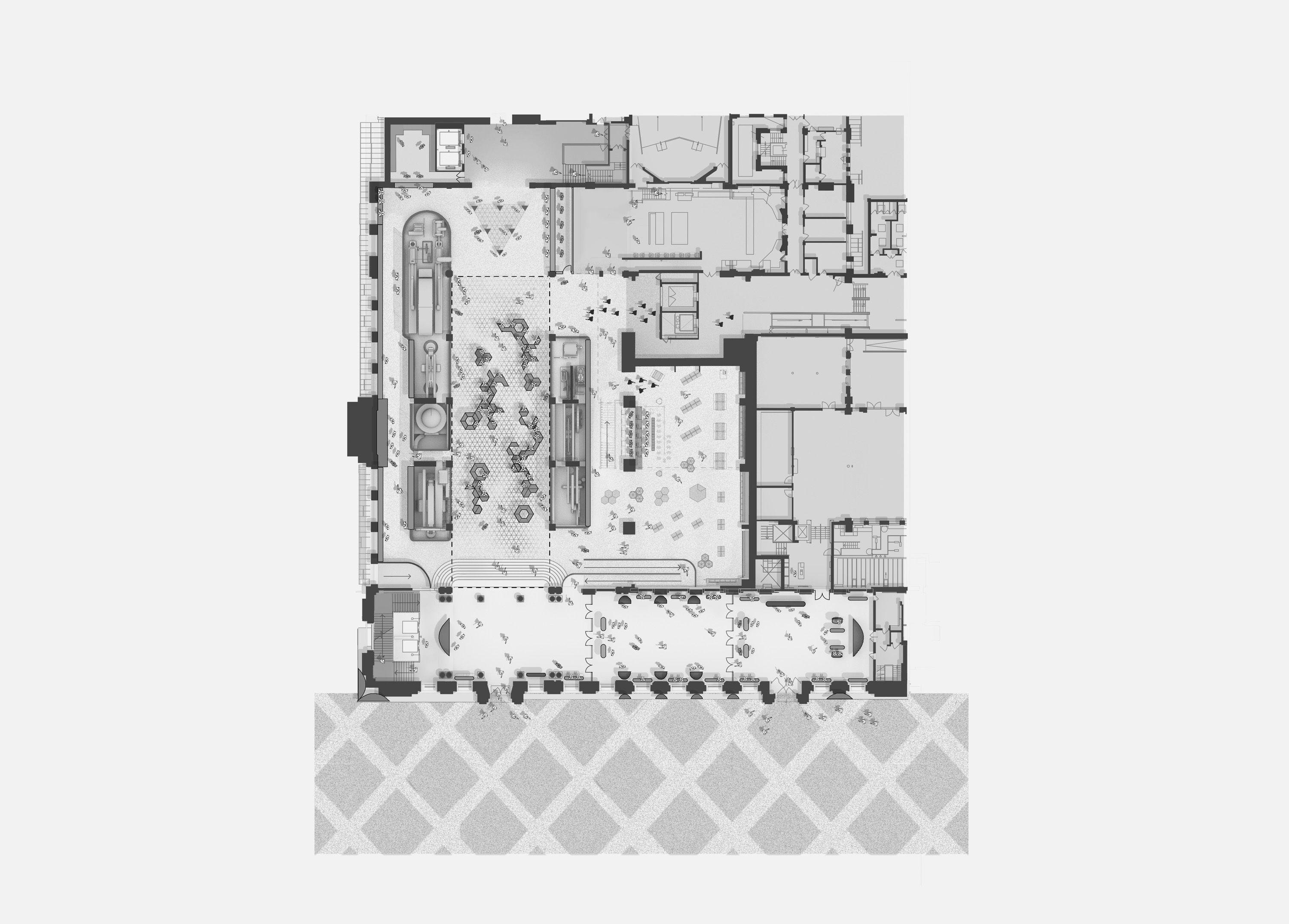 Ground floor plan of the Science Museum entrance and East Hall proposals, London, showing the clarified route from the entrance concourse into the gallery spaces
