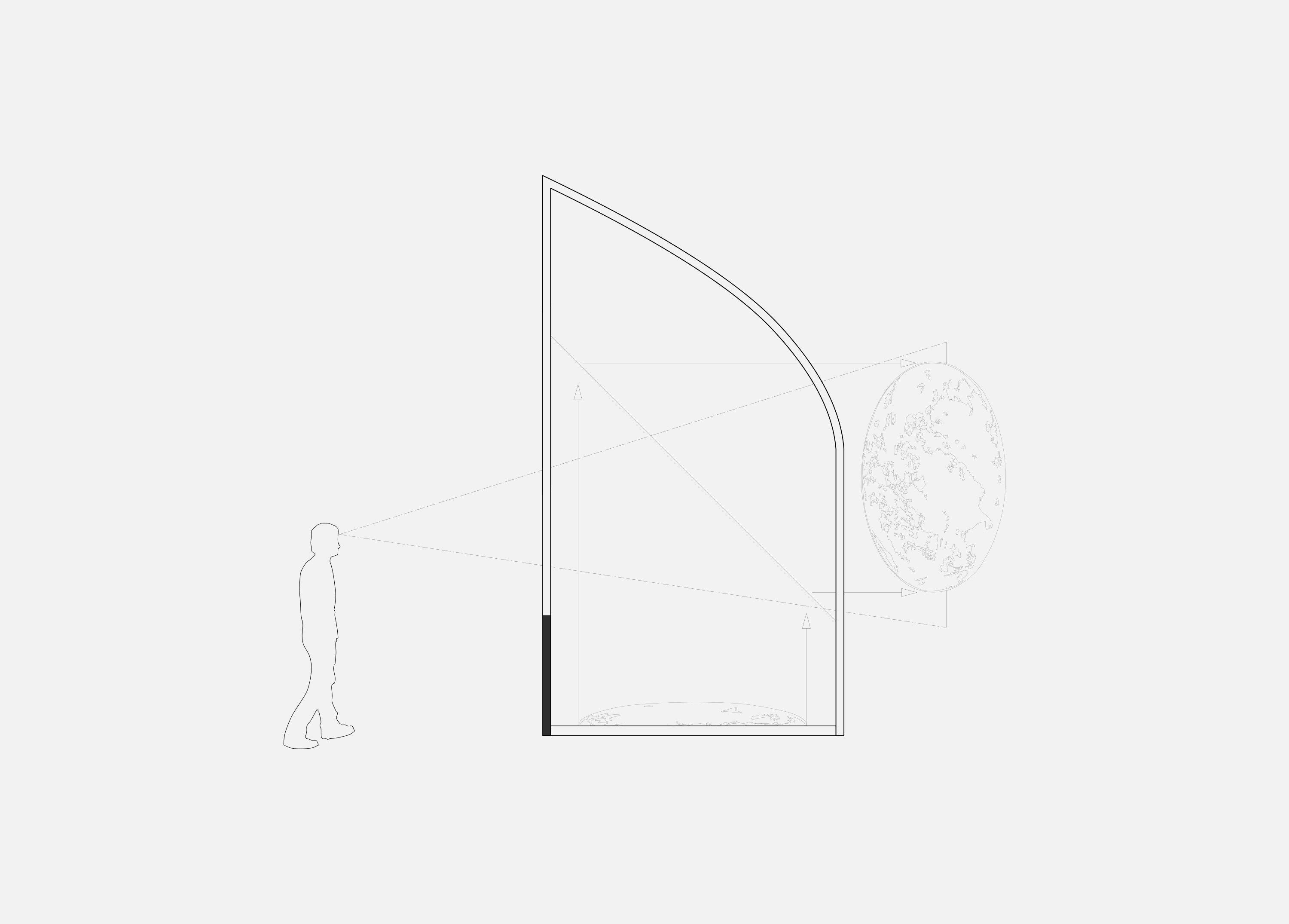 Line-drawn section through one of the East Gallery's arched display portals, a figure to the left and sightlines projecting to a spherical screen showing the Earth.