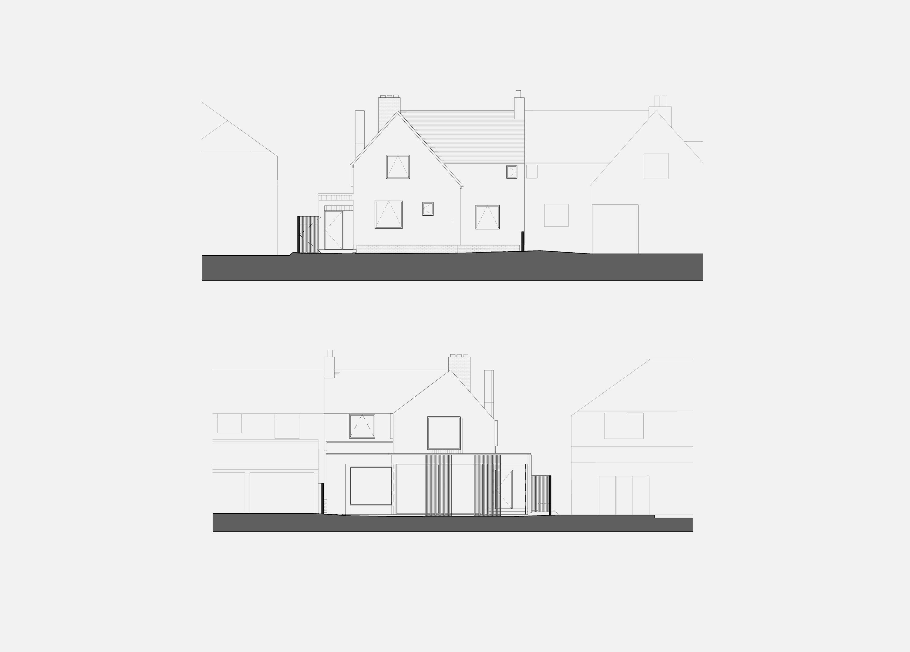 Elevation drawings of the Hills Avenue house, Cambridge, showing the retained catslide roof and window arrangement to the street above, and the garden elevation with glazed sliding doors and timber louvres below.