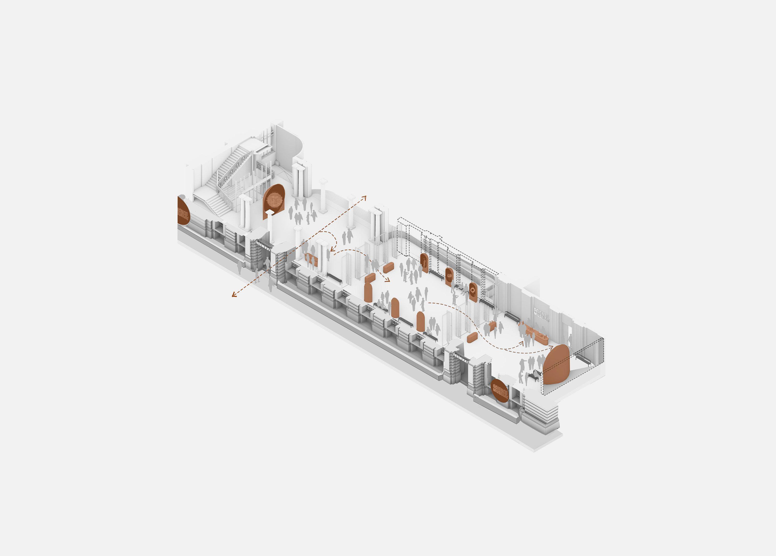 Cutaway axonometric drawing of the Science Museum's East Gallery, showing the long hall, its arched oak display niches and dashed arrows tracing the visitor route.