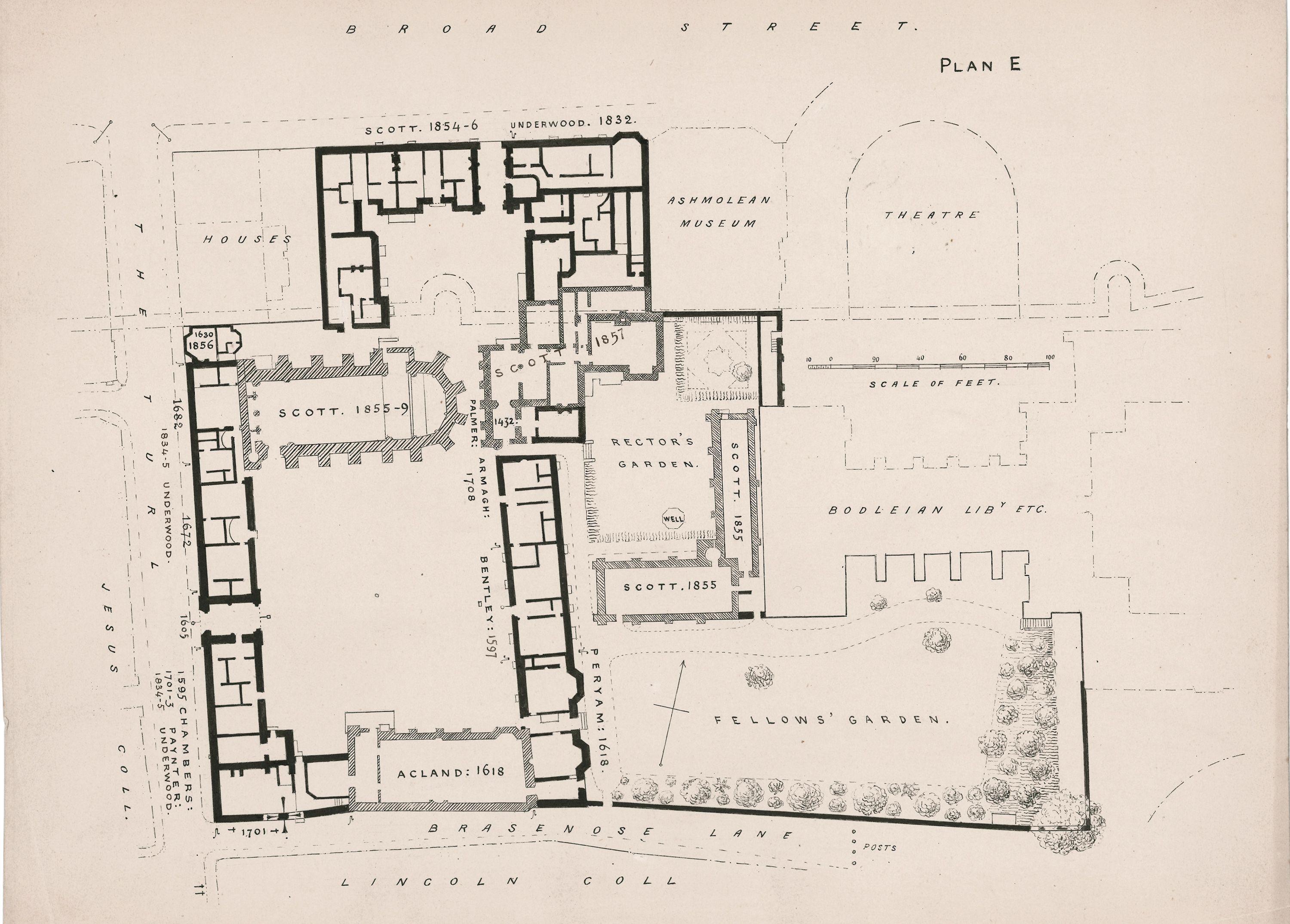 Plan of Exeter College in 1856 showing the library and chapel