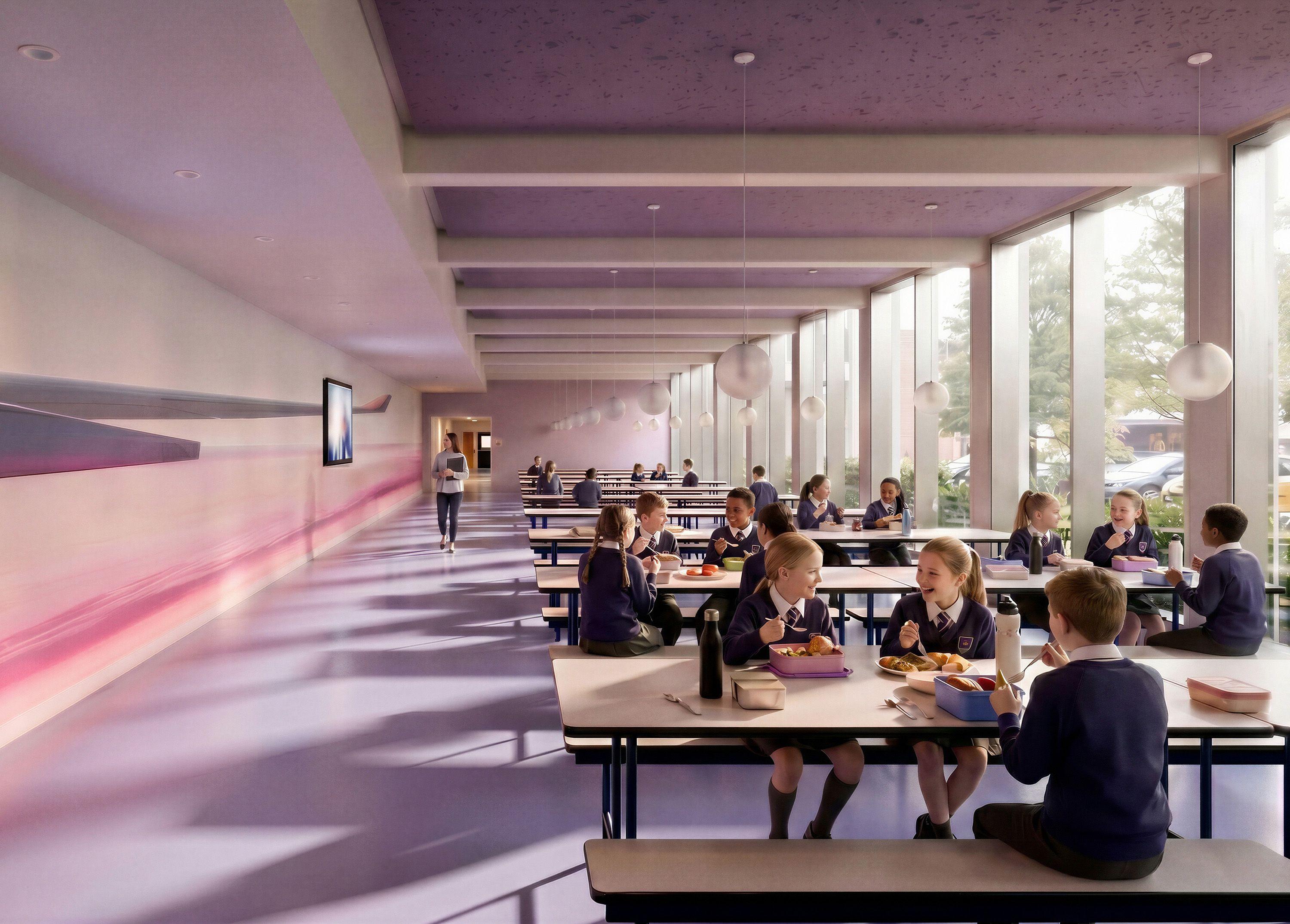 Visualisation of schoolchildren at lunch beside full-height glazing at the RAF Museum