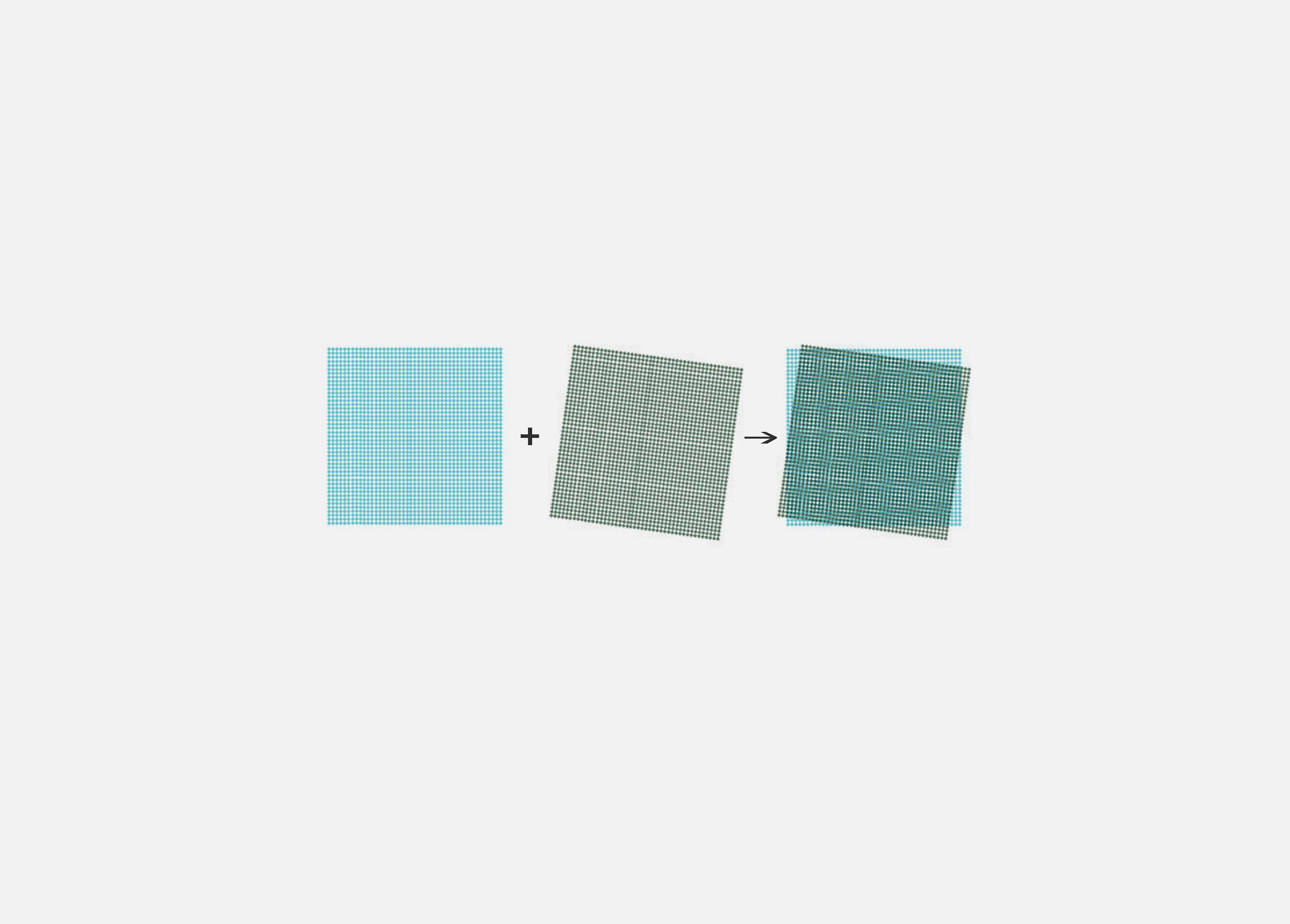 Diagram showing how two layers of coloured mesh combine at Cardinal Place, a blue panel and a green panel overlapping to produce the shifting moiré pattern seen from below.