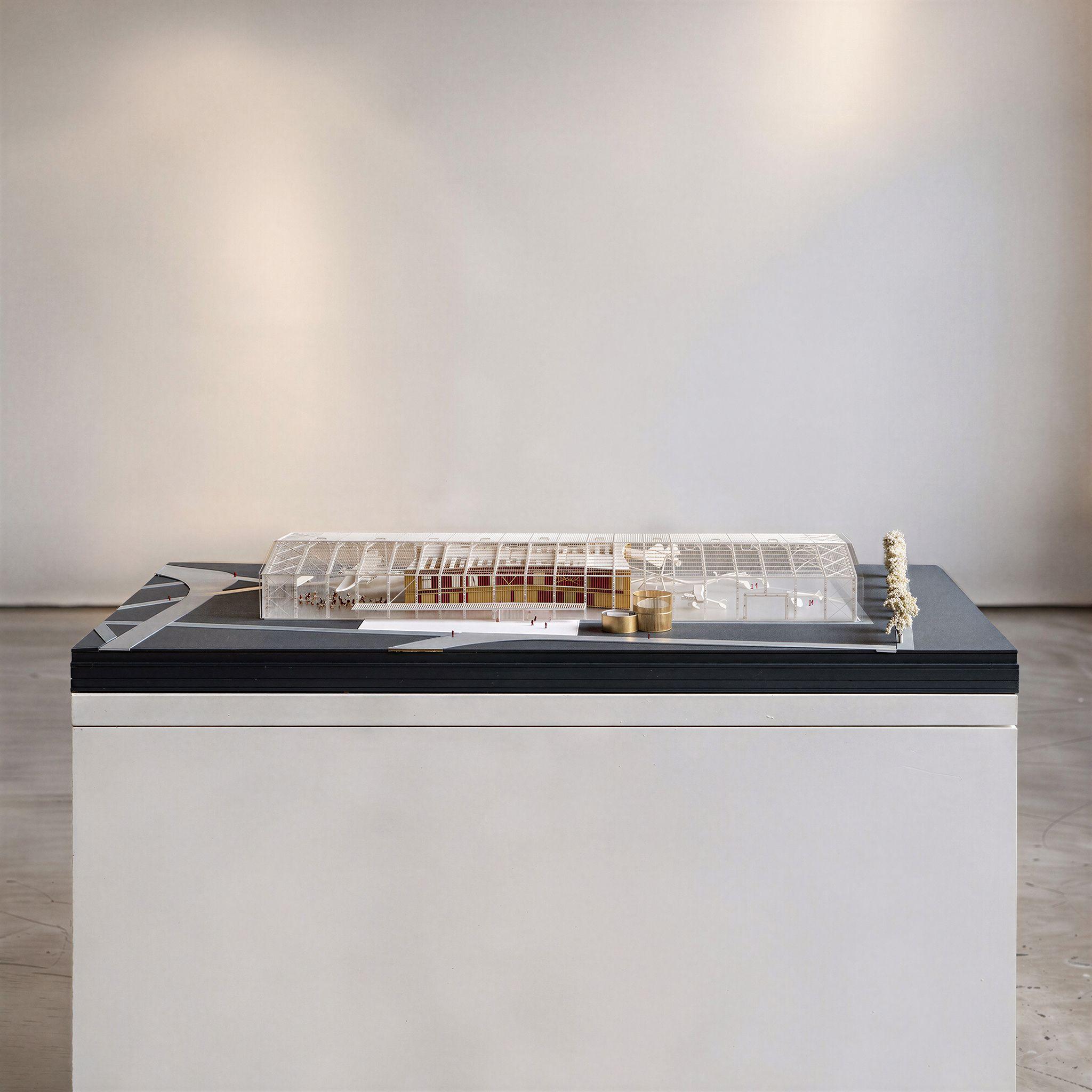 Model of the glazed hangar and red pavilion at the RAF Museum, London