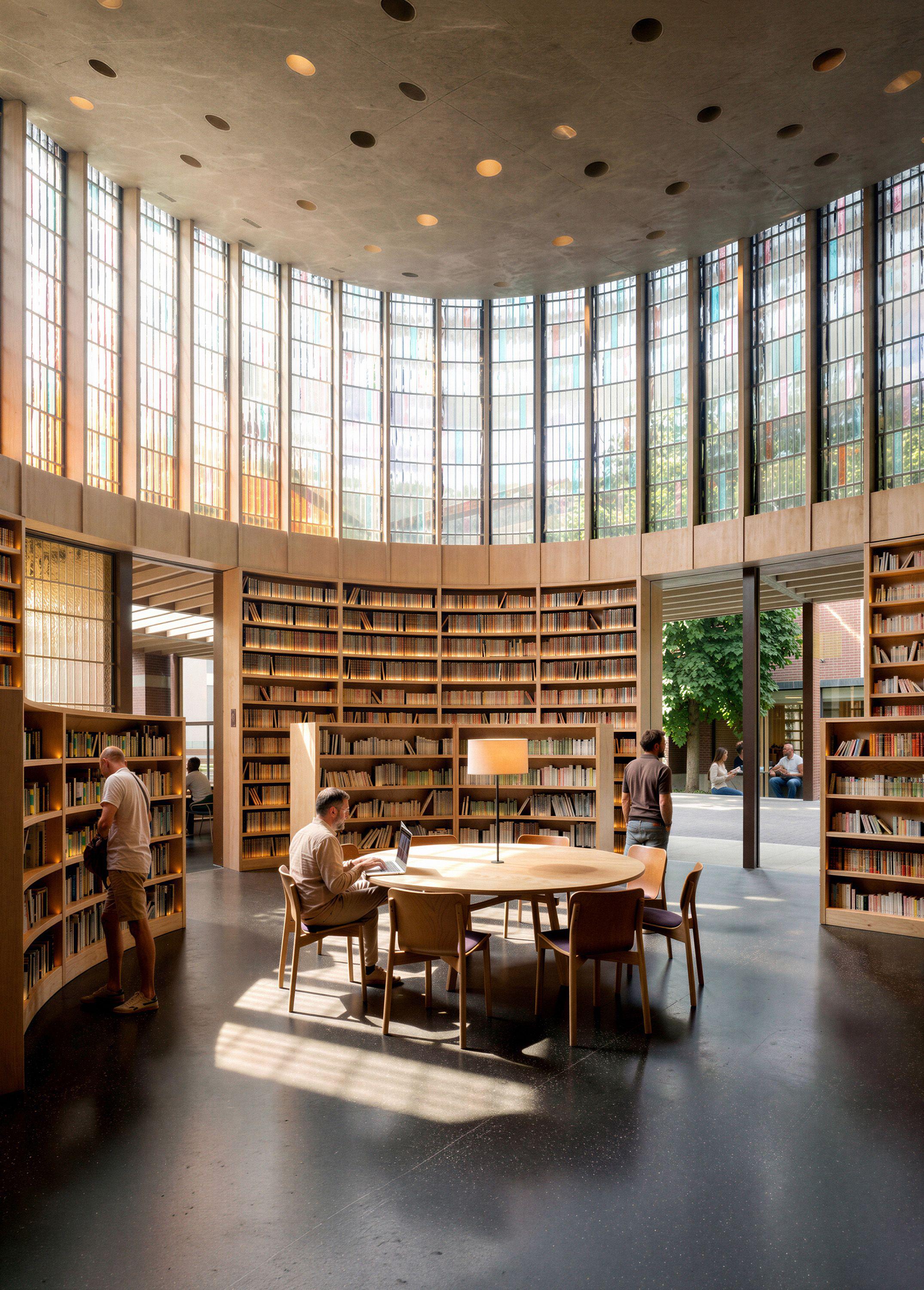 The reading room at Homerton College, Cambridge, its circular shelf-lined walls rising to a clerestory of stained glass beneath the inverted dome ceiling