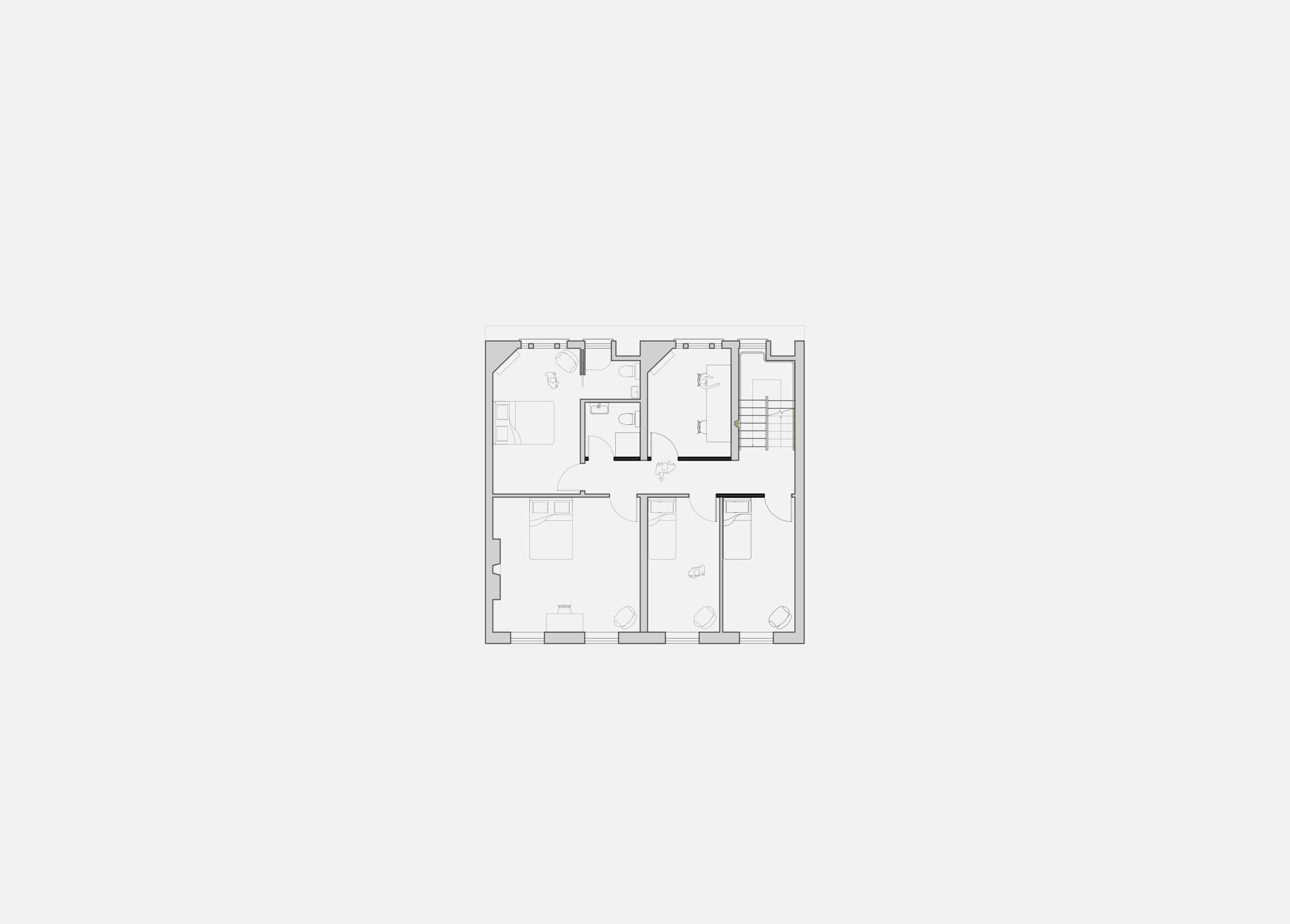 Upper floor plan of the Delfina Foundation, the residents' rooms arranged front to rear across the two terrace houses with the stair and niche wall between them.