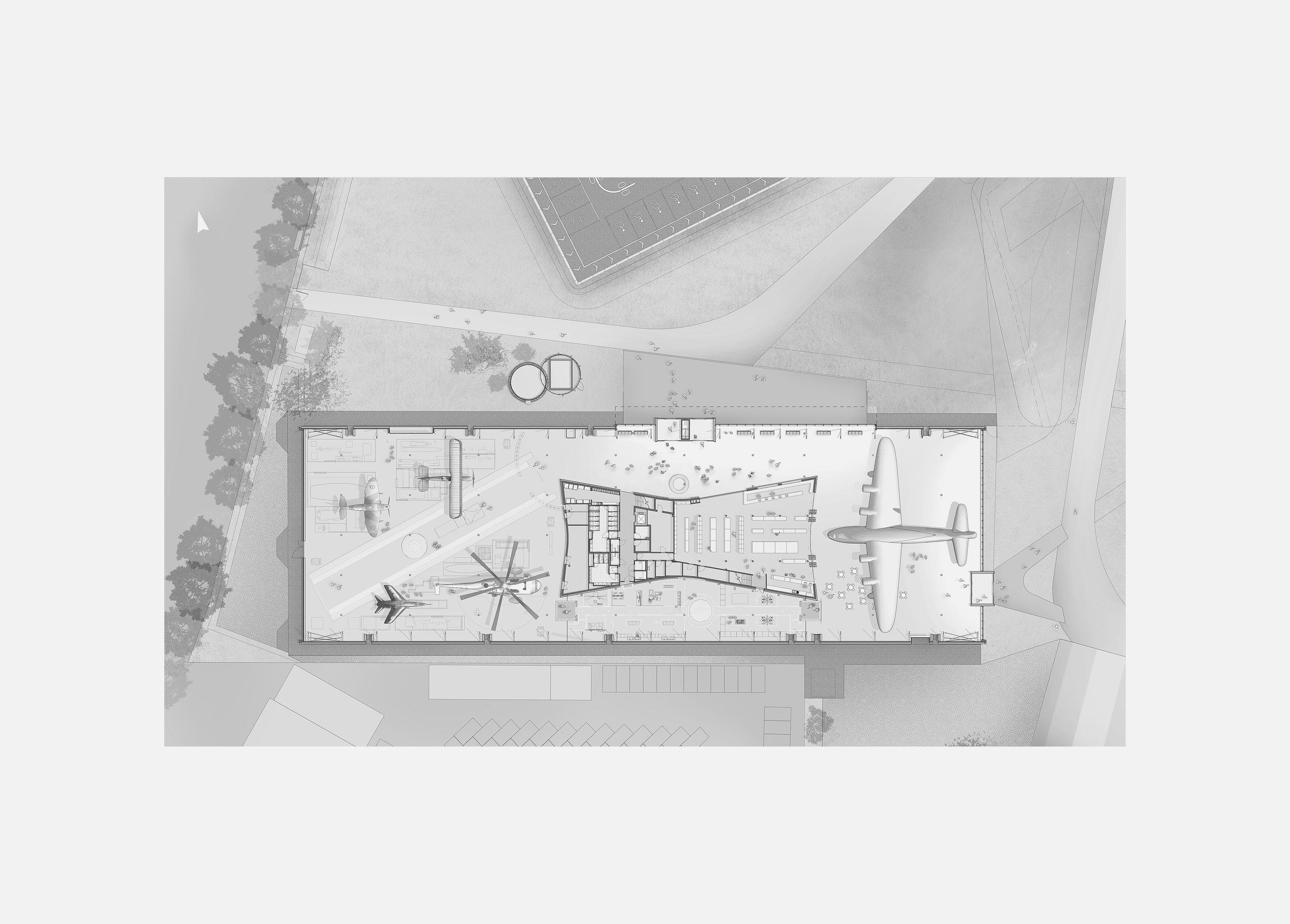 Ground floor plan of the main hangar at the RAF Museum, London, with the galleries arranged around historic aircraft