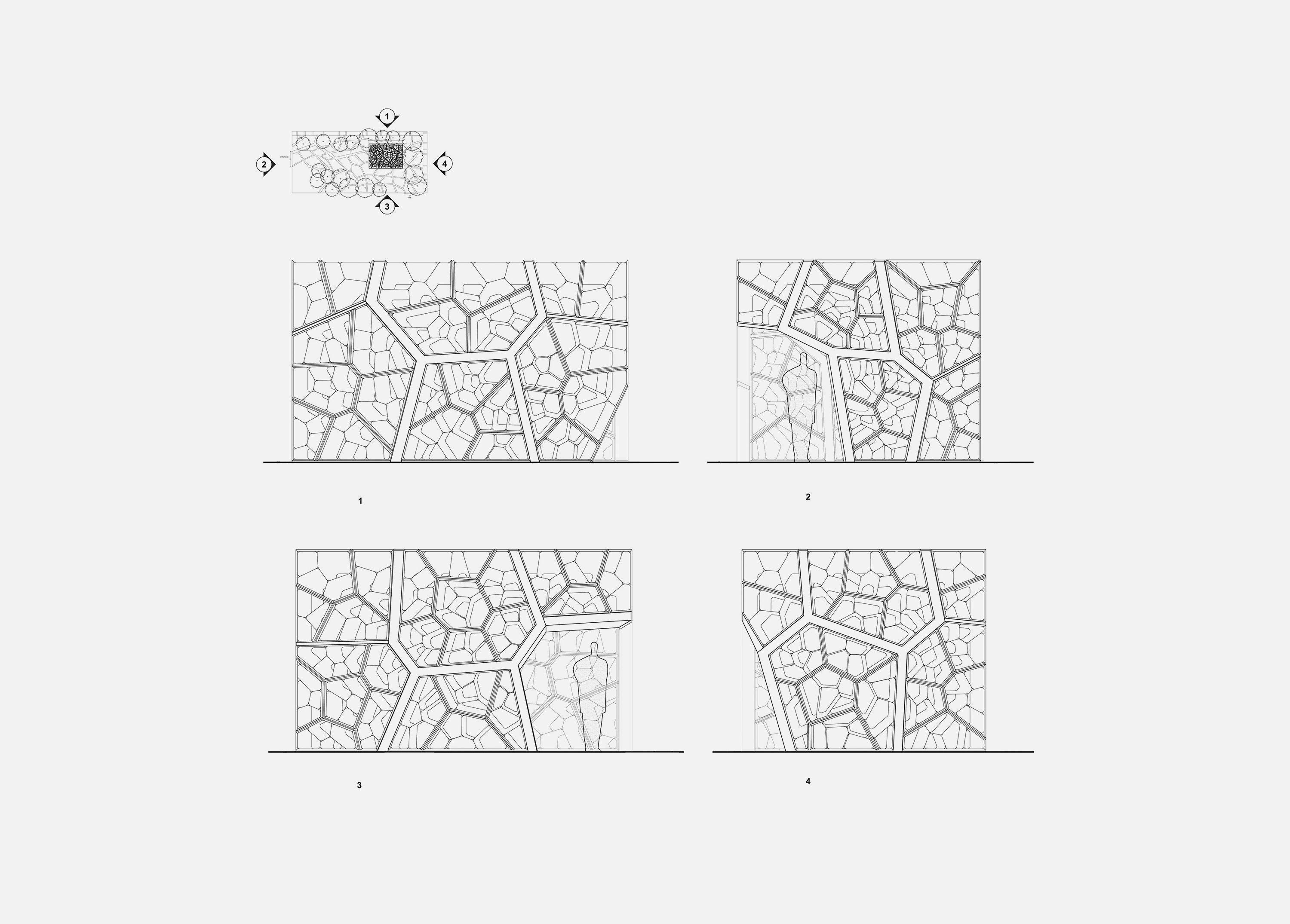 Elevation drawings of the pavilion on all four sides, numbered against a small key plan, showing how the leaf-derived cell pattern wraps the structure and frames the openings.