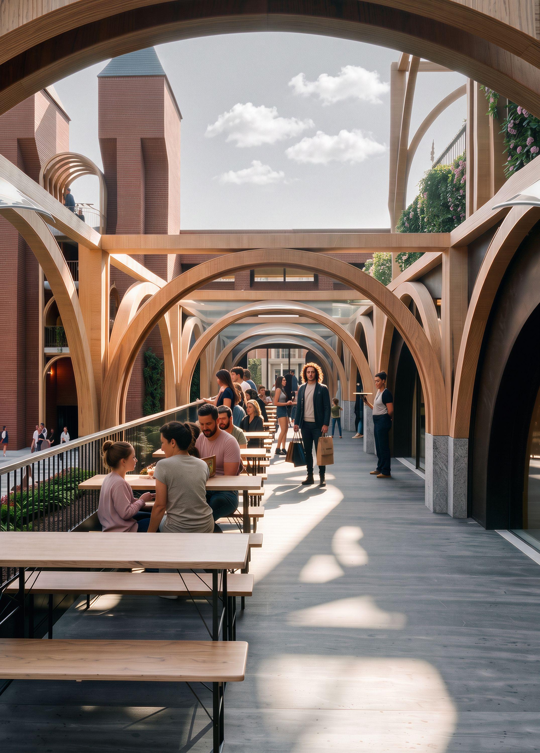 Ealing Broadway upper arcade with people gathered at bench tables, arched laminated oak frames receding along the terrace toward the brick towers beyond.