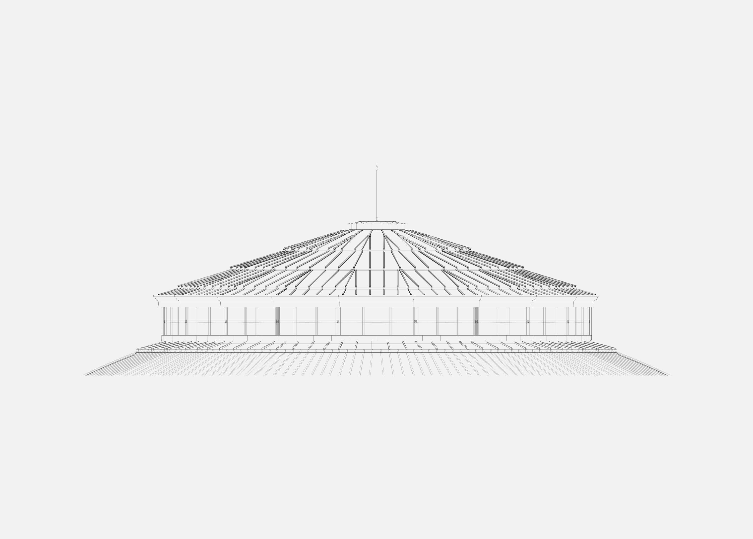 Elevation of the Round Reading Room dome, showing the copper roof rising from the encircling lower roof to the glazed lantern and finial at its crown.