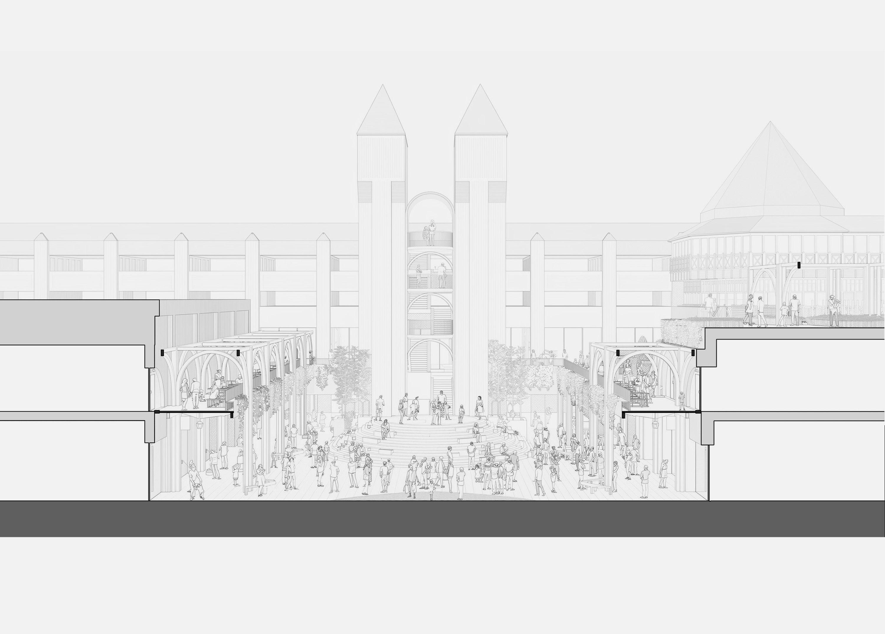 Sectional drawing of Ealing Broadway, the stepped stage and public square set between two levels of arcaded shops and dining balconies.