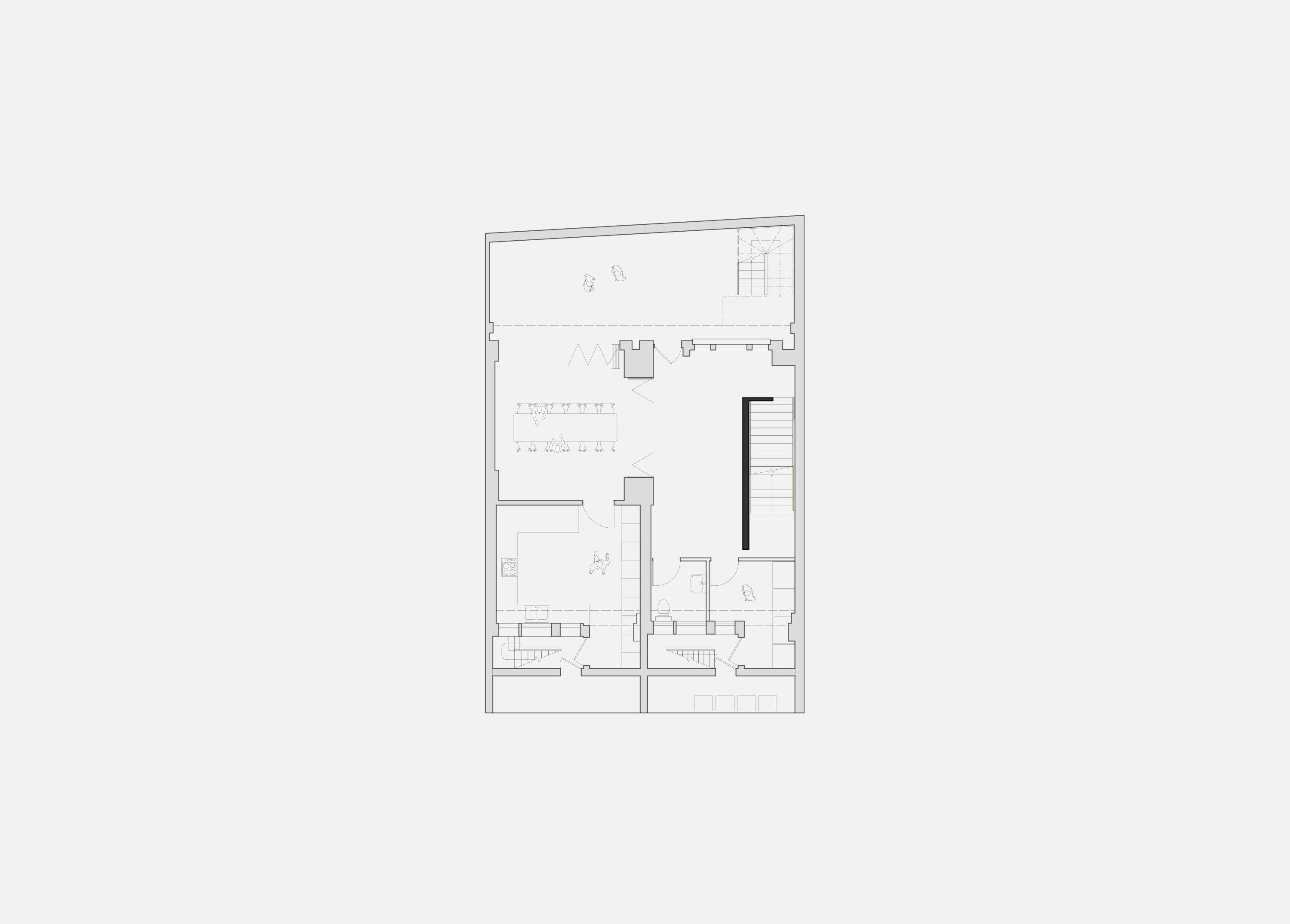 Basement floor plan of the Delfina Foundation, the new wall enclosing the stair drawn in bold through the two terrace houses, with the reception, galleries and courtyard beyond.