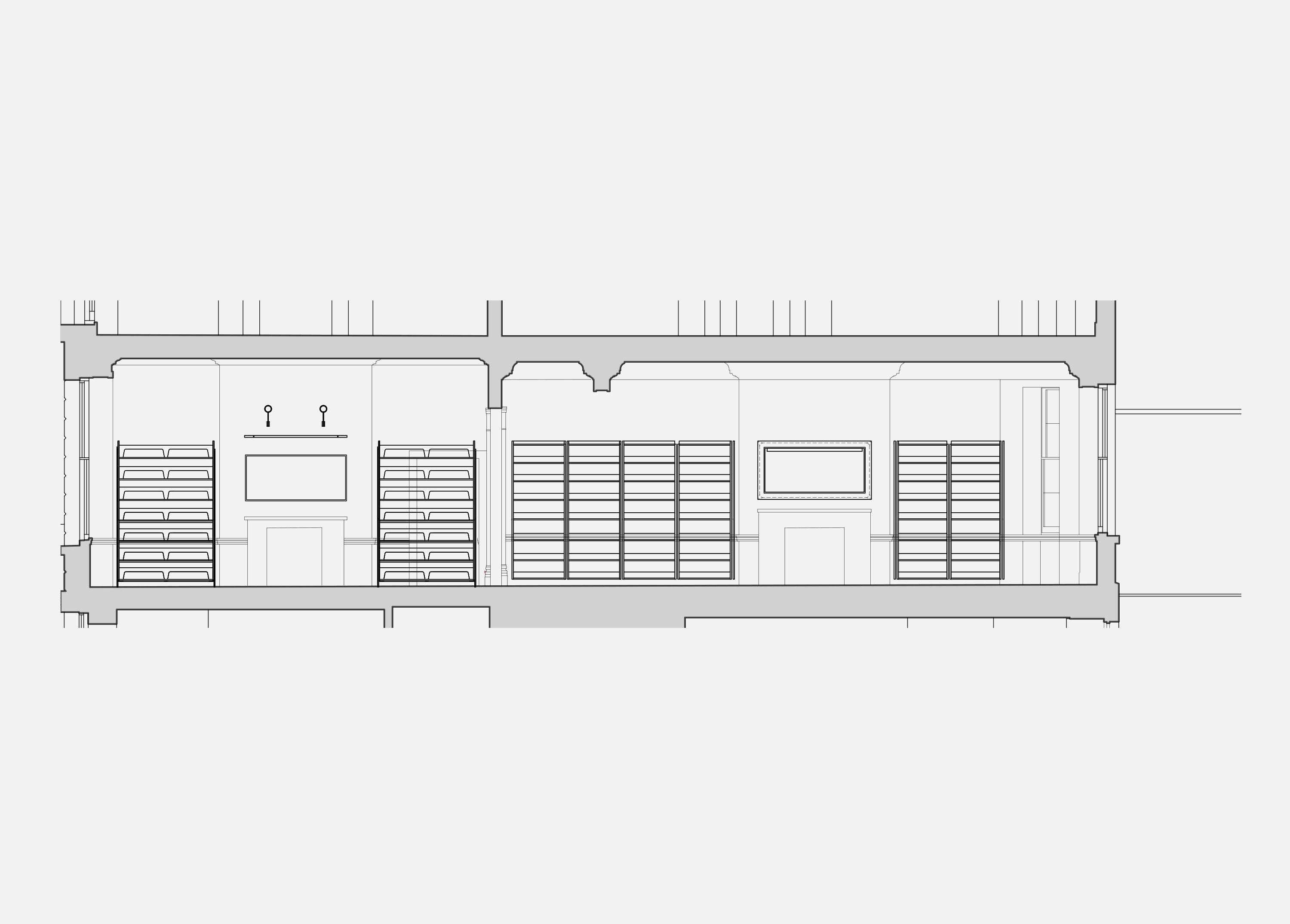 Long section showing fitted furniture layout at the AA bookshop
