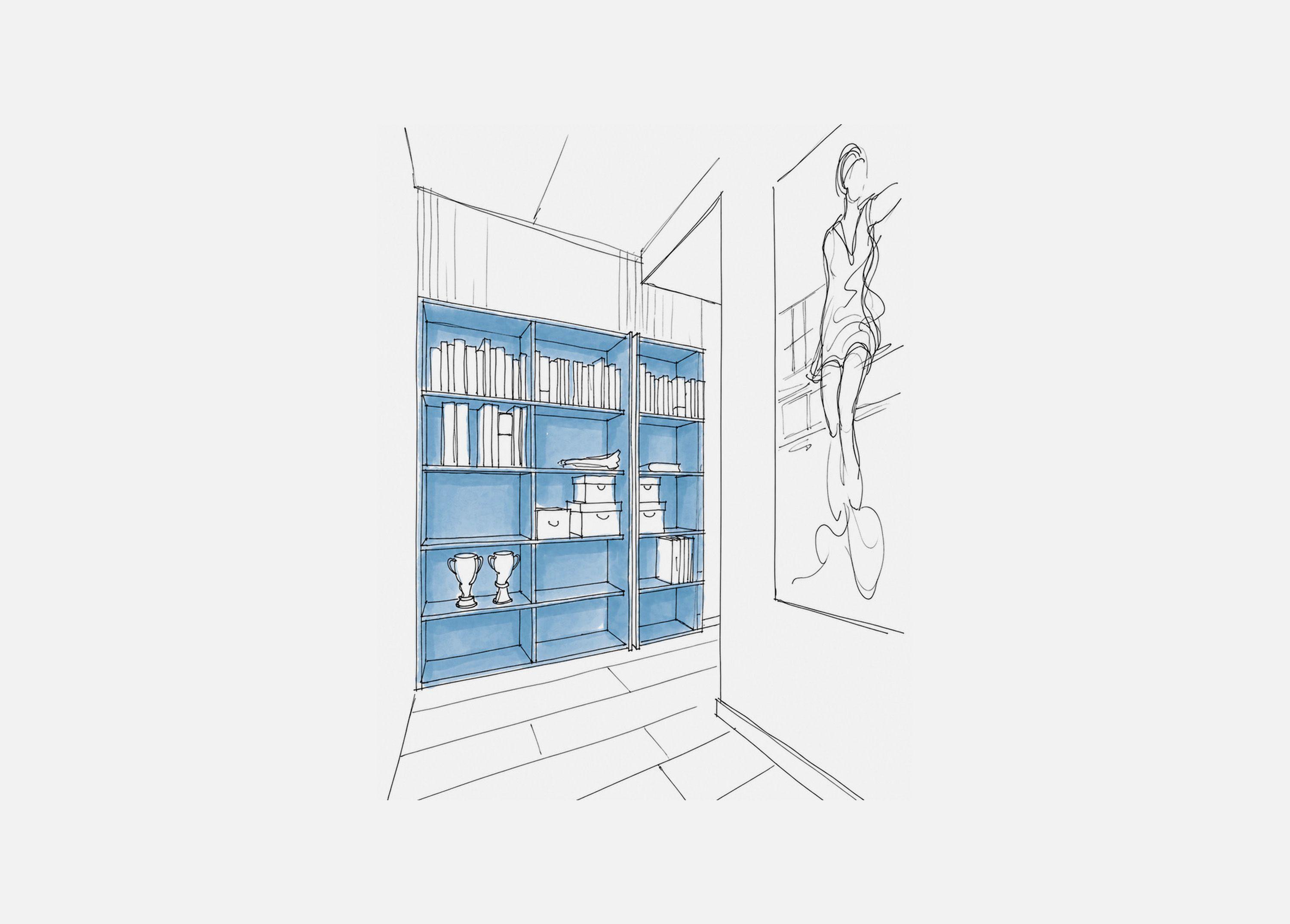 Concept sketch of the apartment's joinery, blue-lined shelving recessed into the hallway wall beside a framed figure drawing