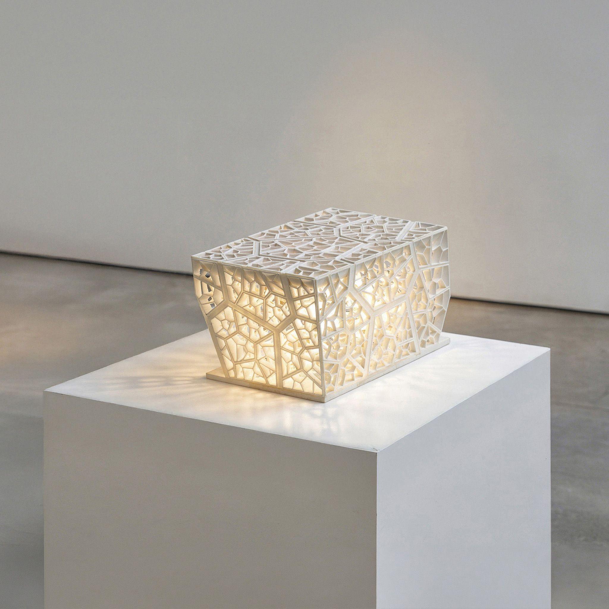 Study model of the pavilion illuminated from within, the leaf-derived cell pattern reading through the walls and roof as shadow across the plinth.