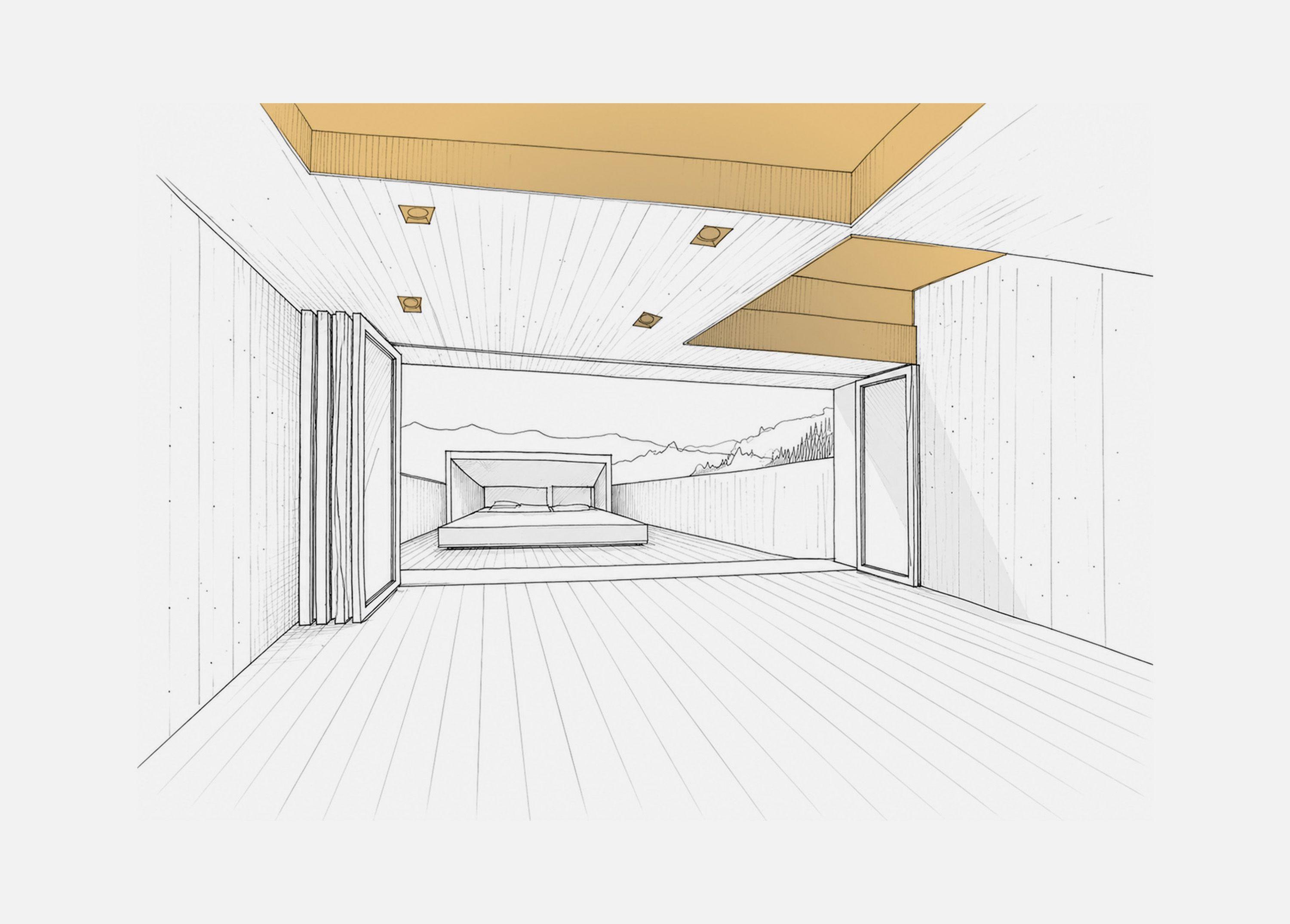 Concept sketch for Half Landings House showing the new dining room looking out through folded doors to a distant landscape, ochre ceiling planes framing the view.
