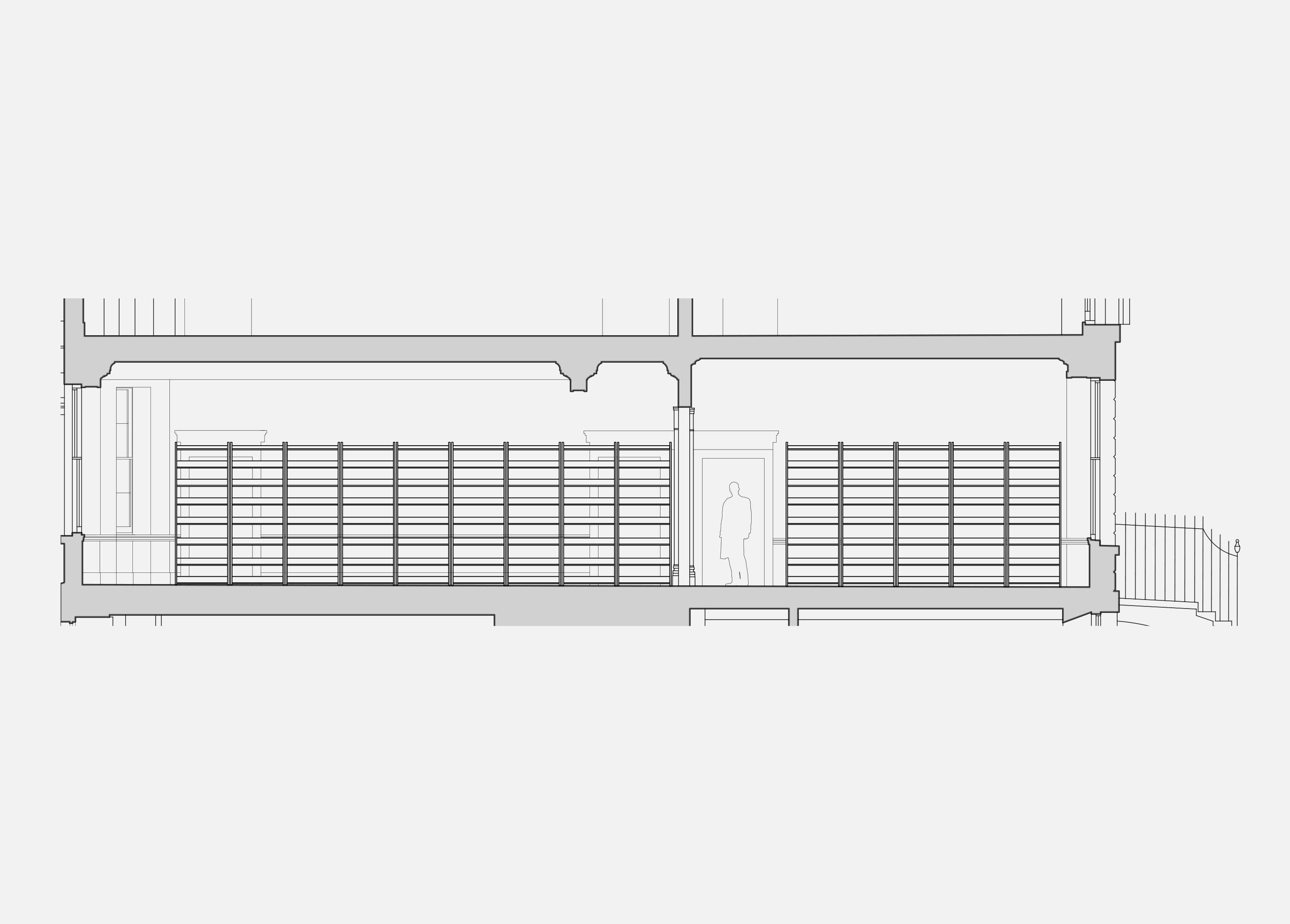 Long section showing fitted furniture layout at the AA bookshop