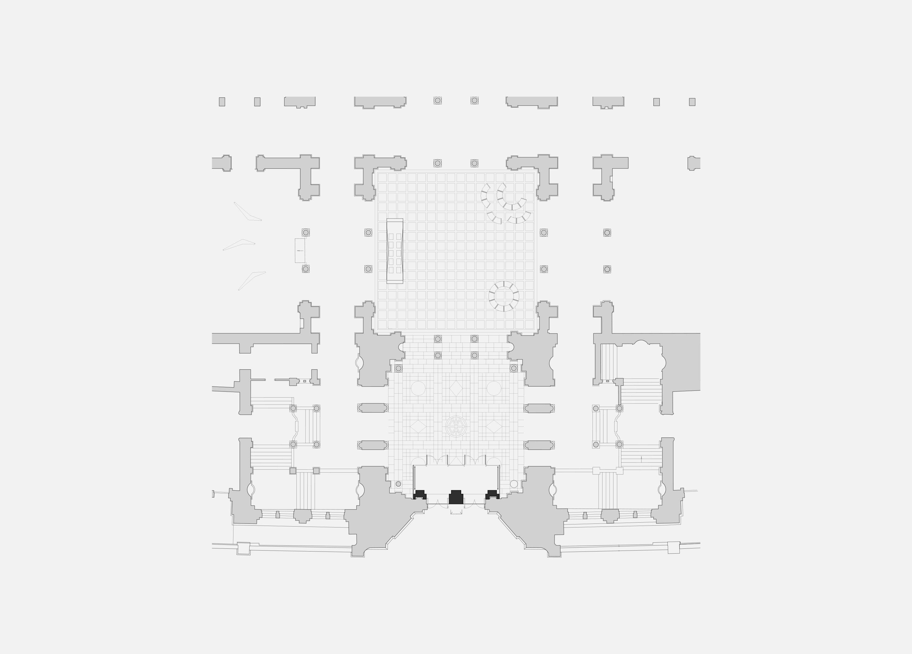 Plan drawing of the V&A entrance proposal, London, the new gateway set within Aston Webb's grand hall, with clear sightlines from the entrance through to the central dome.