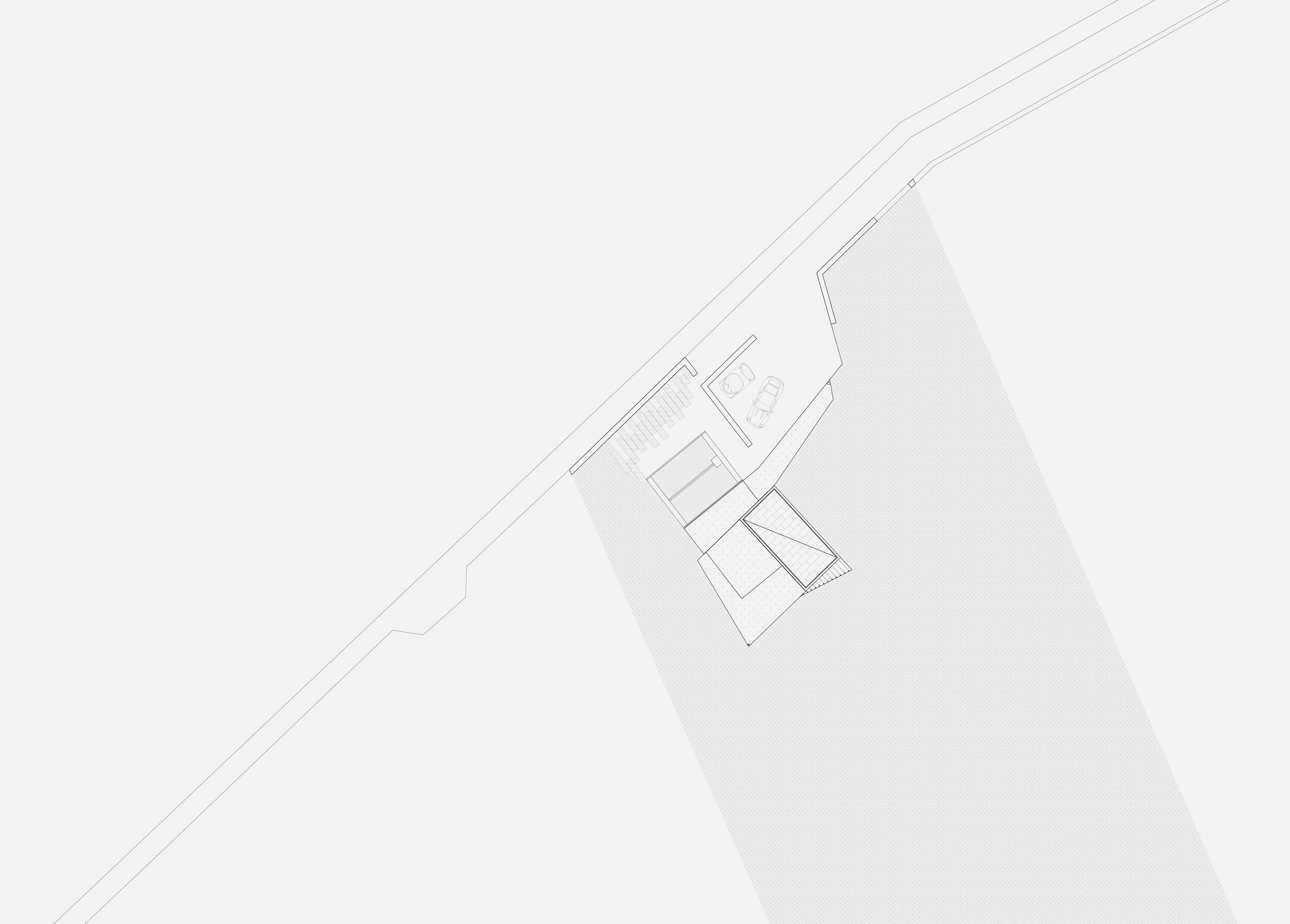 Site plan of a house on a hill in Liscannor, the two roofs and the entrance court drawn in outline within the surrounding field walls.