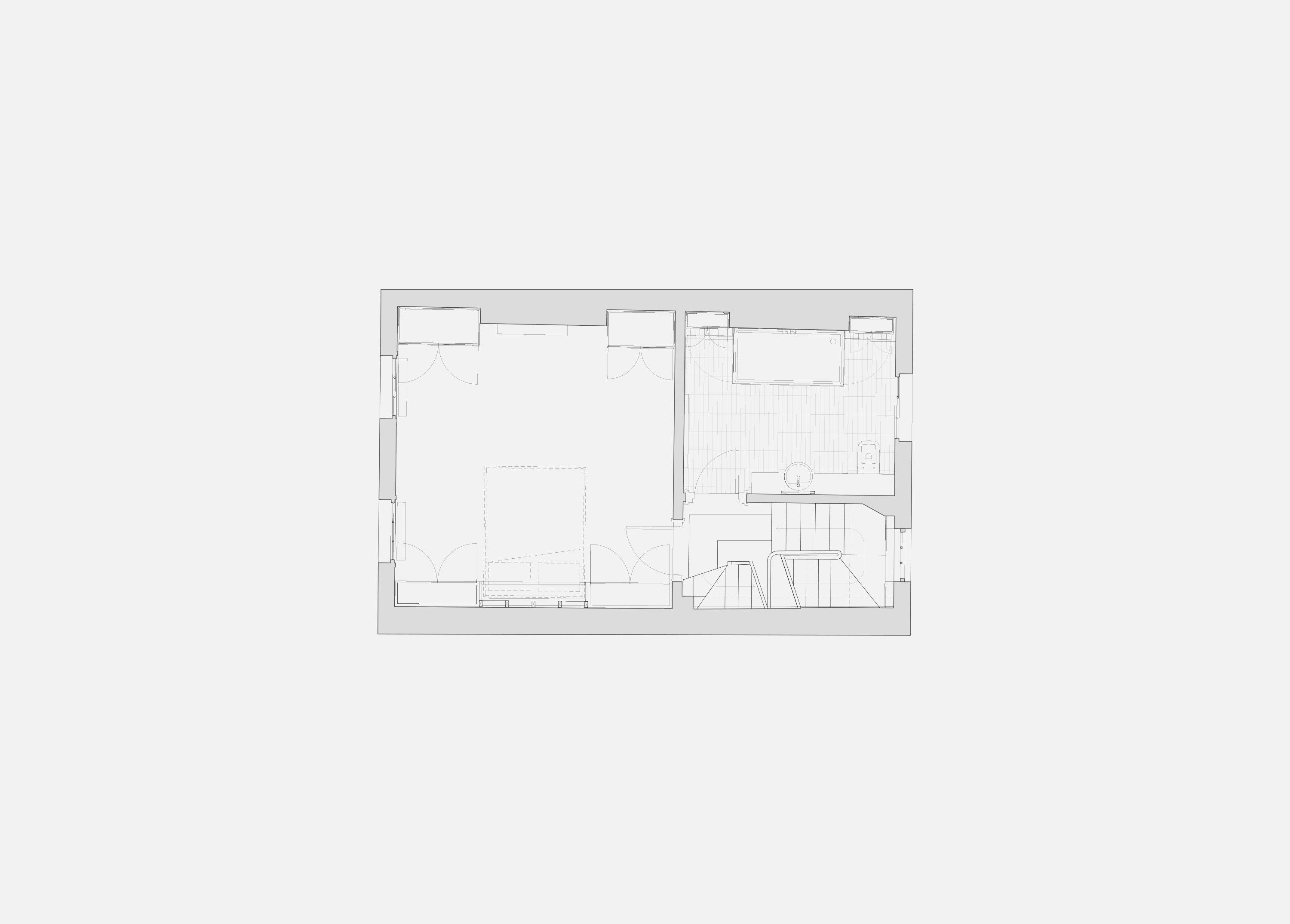 Second floor plan of Puzzle Box showing bedrooms and bathroom arranged either side of the central stair.