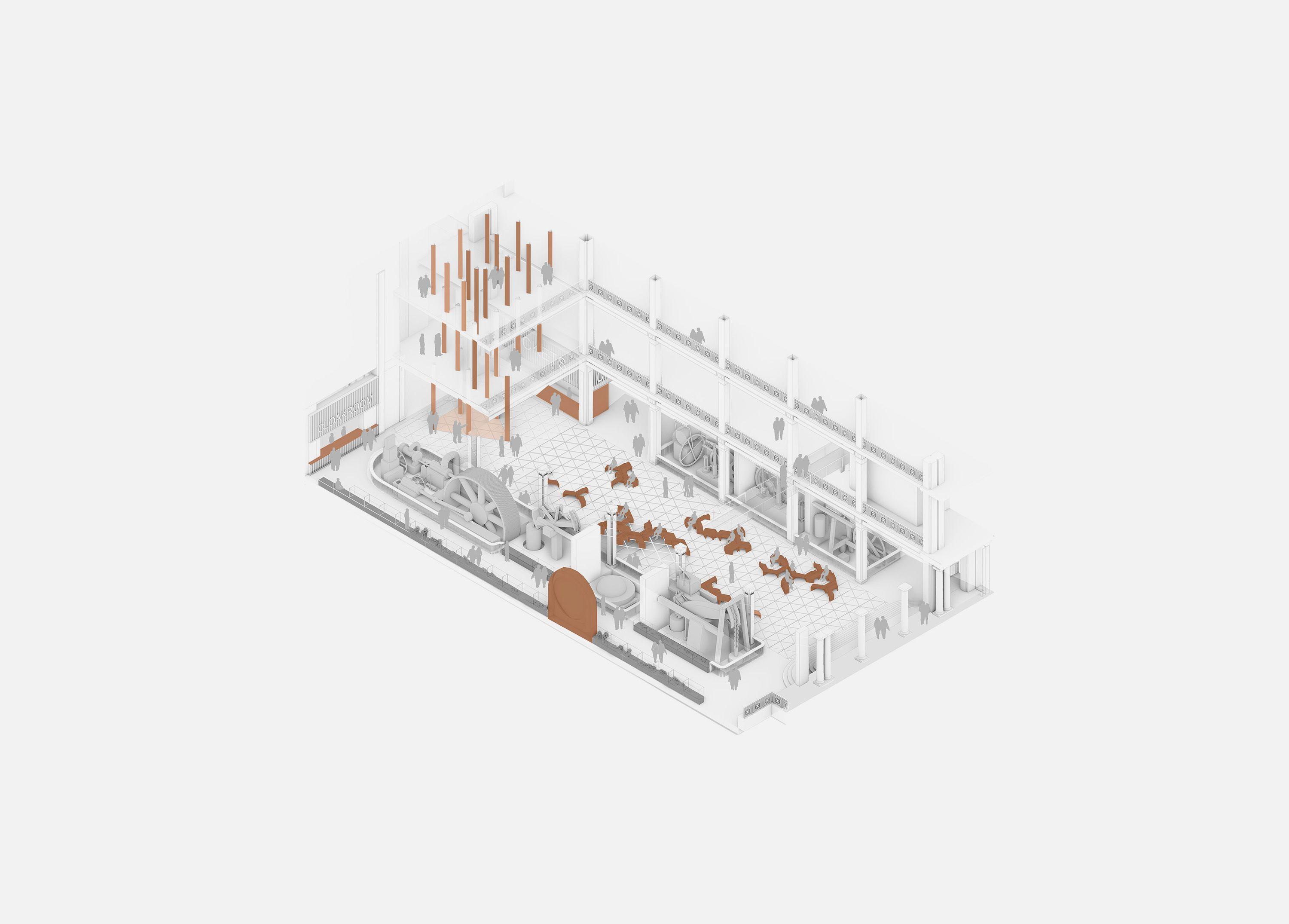 axonometric drawing of the Science Museum's East Hall in weekday use, showing the double-height space with historic machinery, display cases and figures dispersed across the floor.