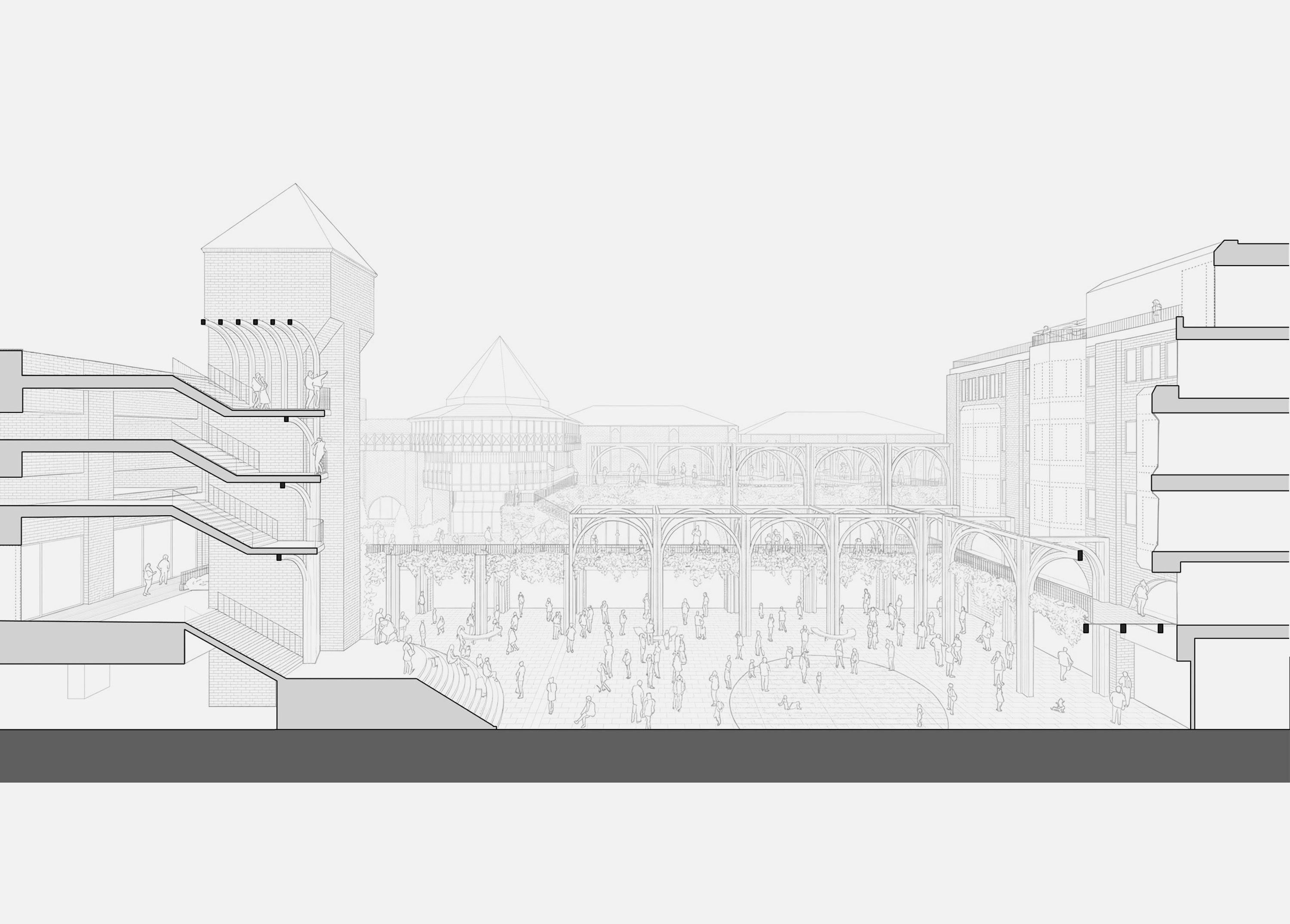 Caption Long section, Ealing Broadway. Alt text options Long section through Ealing Broadway showing the square in perspective, arcades running along its length between the library block and the surrounding buildings.