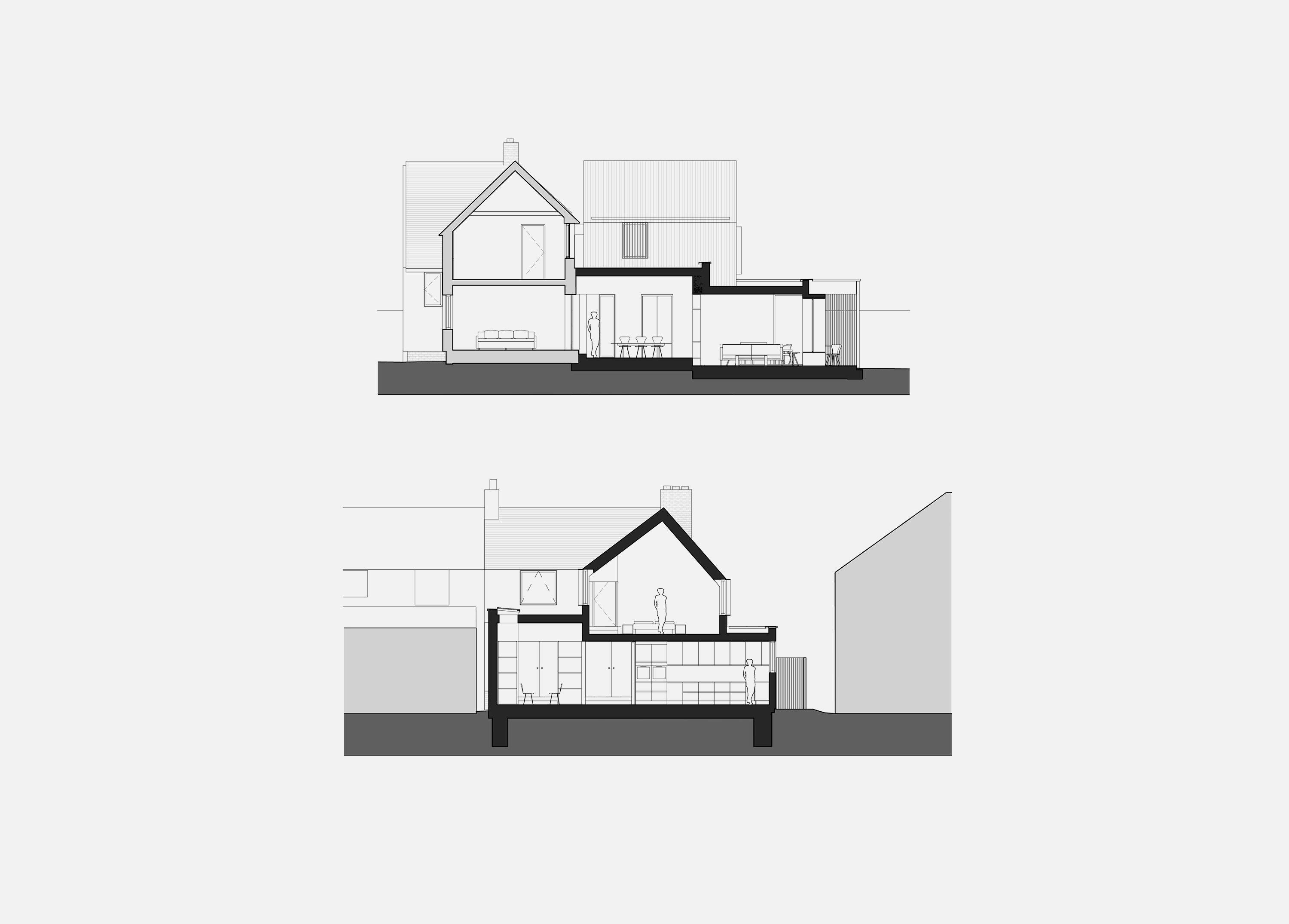 Section drawings of the Hills Avenue house, Cambridge, showing the retained roof and new gabled volume above, and the extension below with the dining space rising to three and a half metres