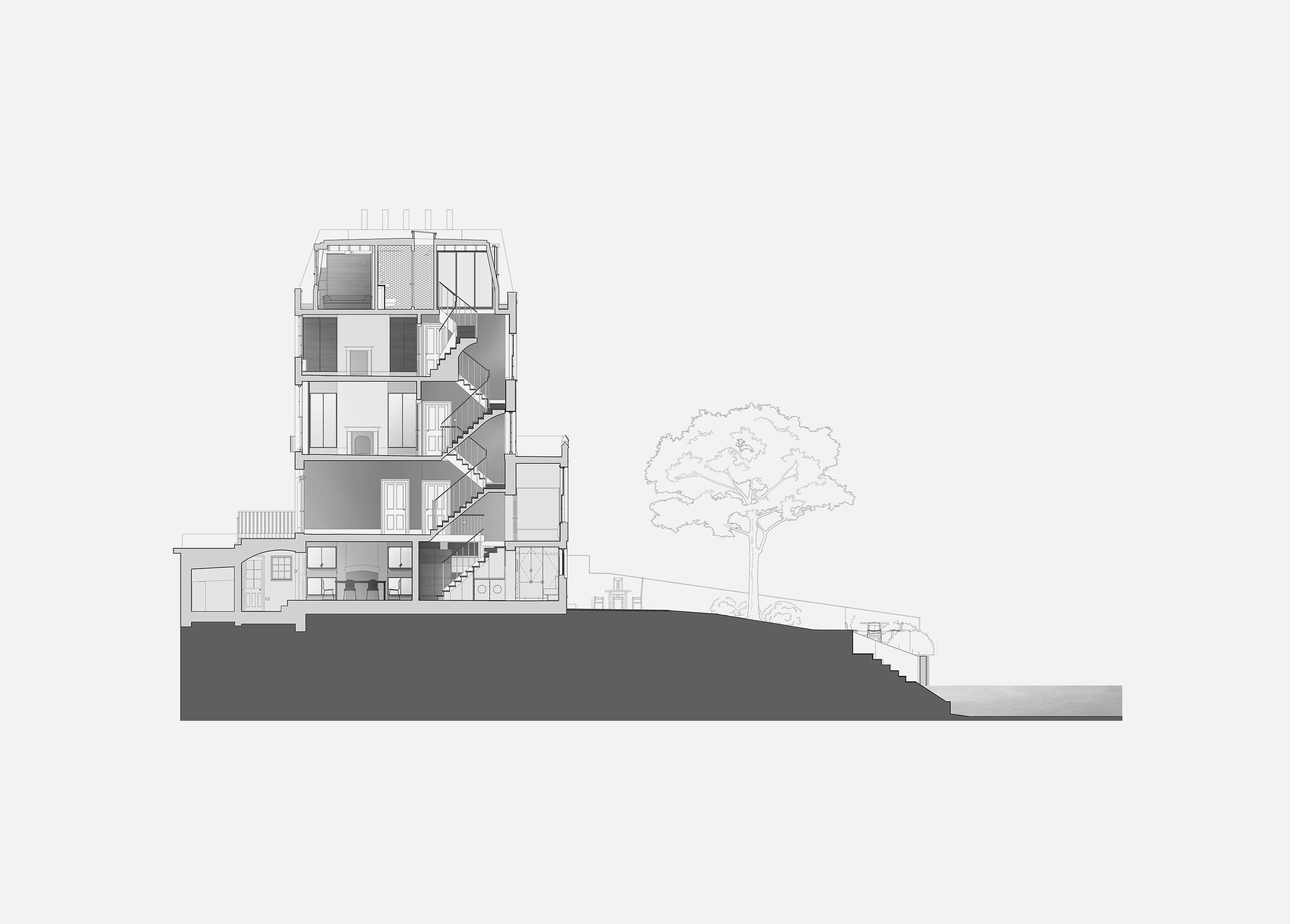 Cross section of Puzzle Box, London, showing the full height of the house from basement to roof with a mature tree in the rear garden and canal