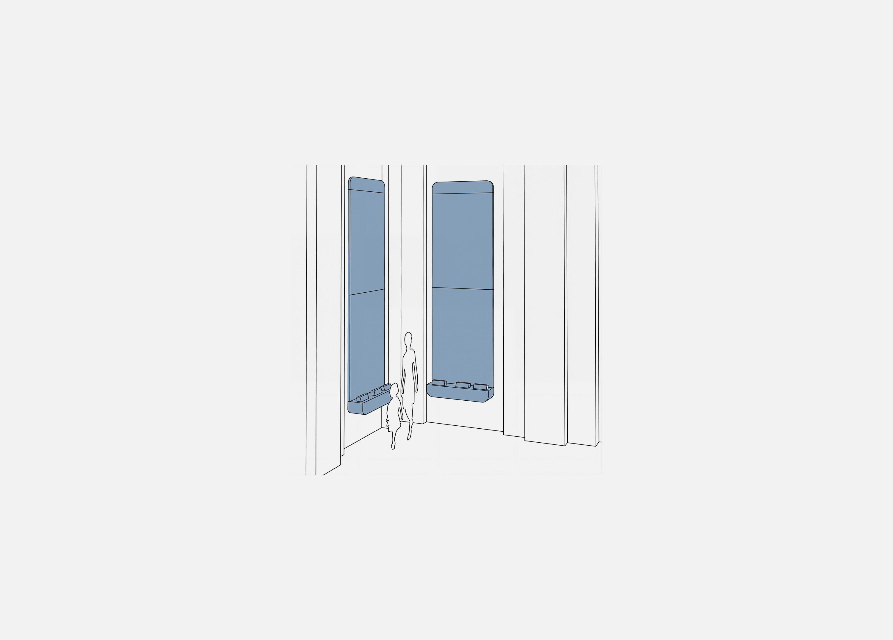 Concept sketch of the wayfinding niches in the V&A entrance proposal, London, two tall interactive screens recessed into the wall for visitors to plan a route through the museum